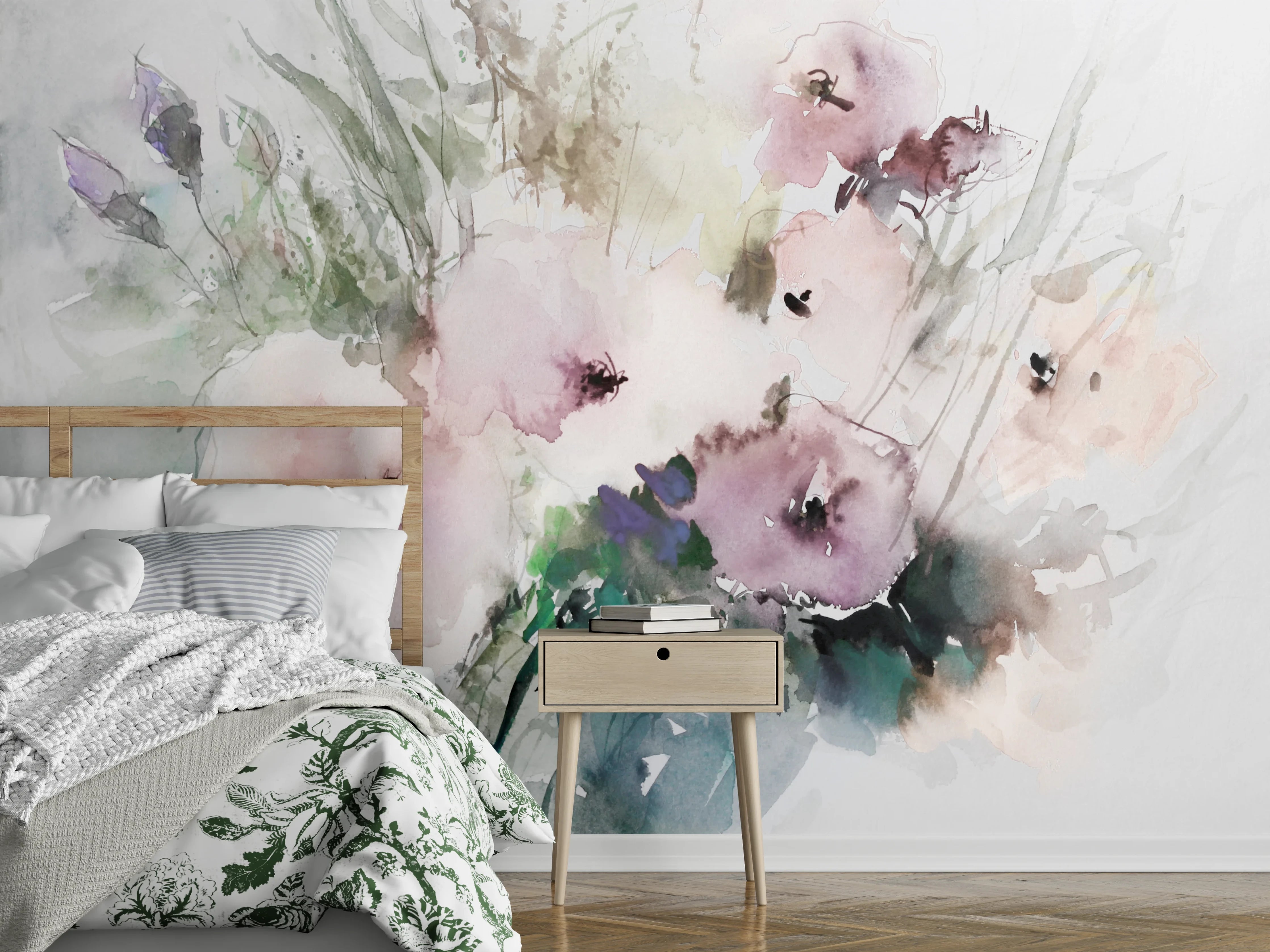 Wandverkleidung Schlafzimmer - Aquarell Blumen zart Pastell