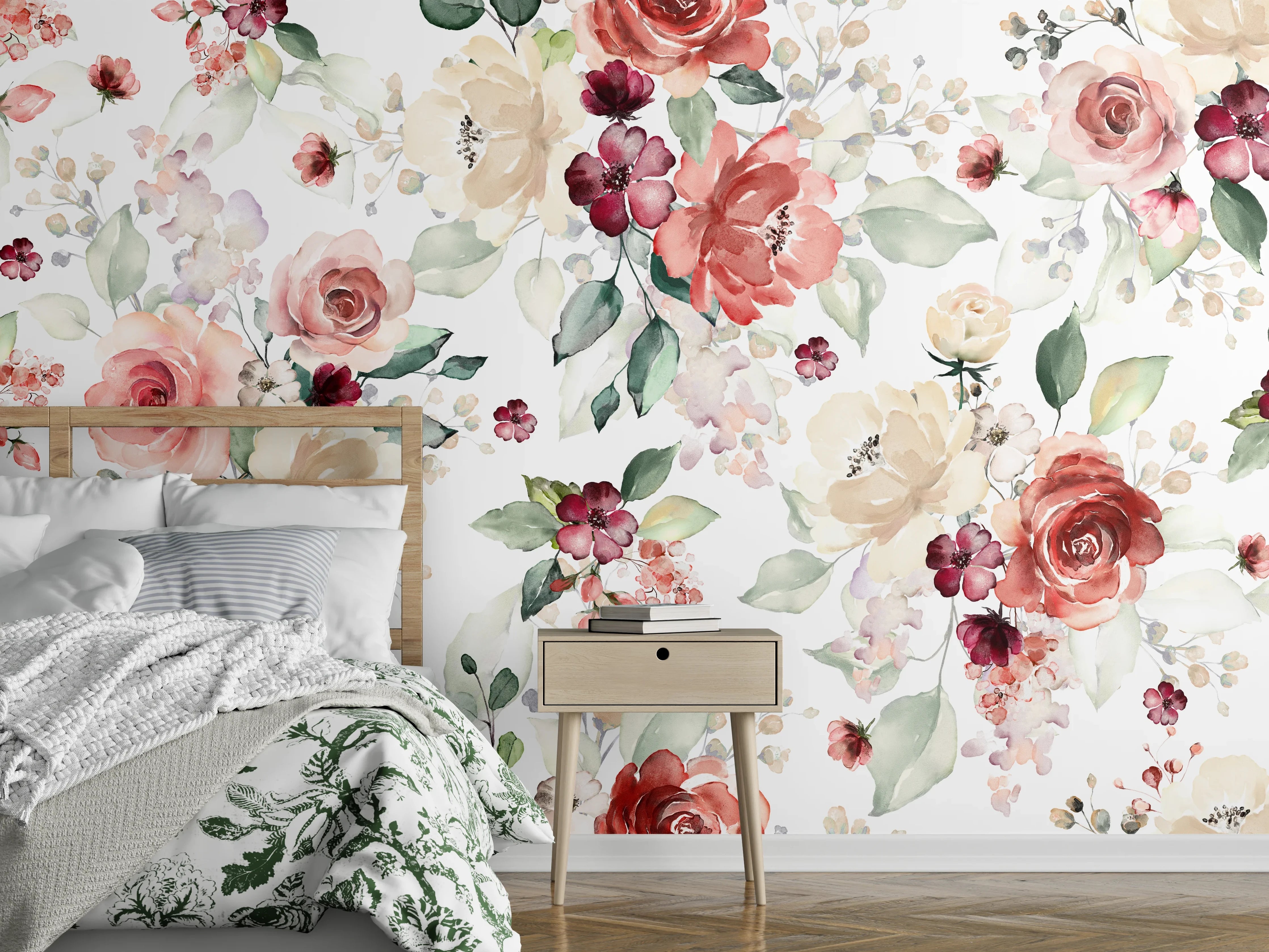 Wandverkleidung Schlafzimmer - Aquarell Blumenmuster Pastell-Romantik