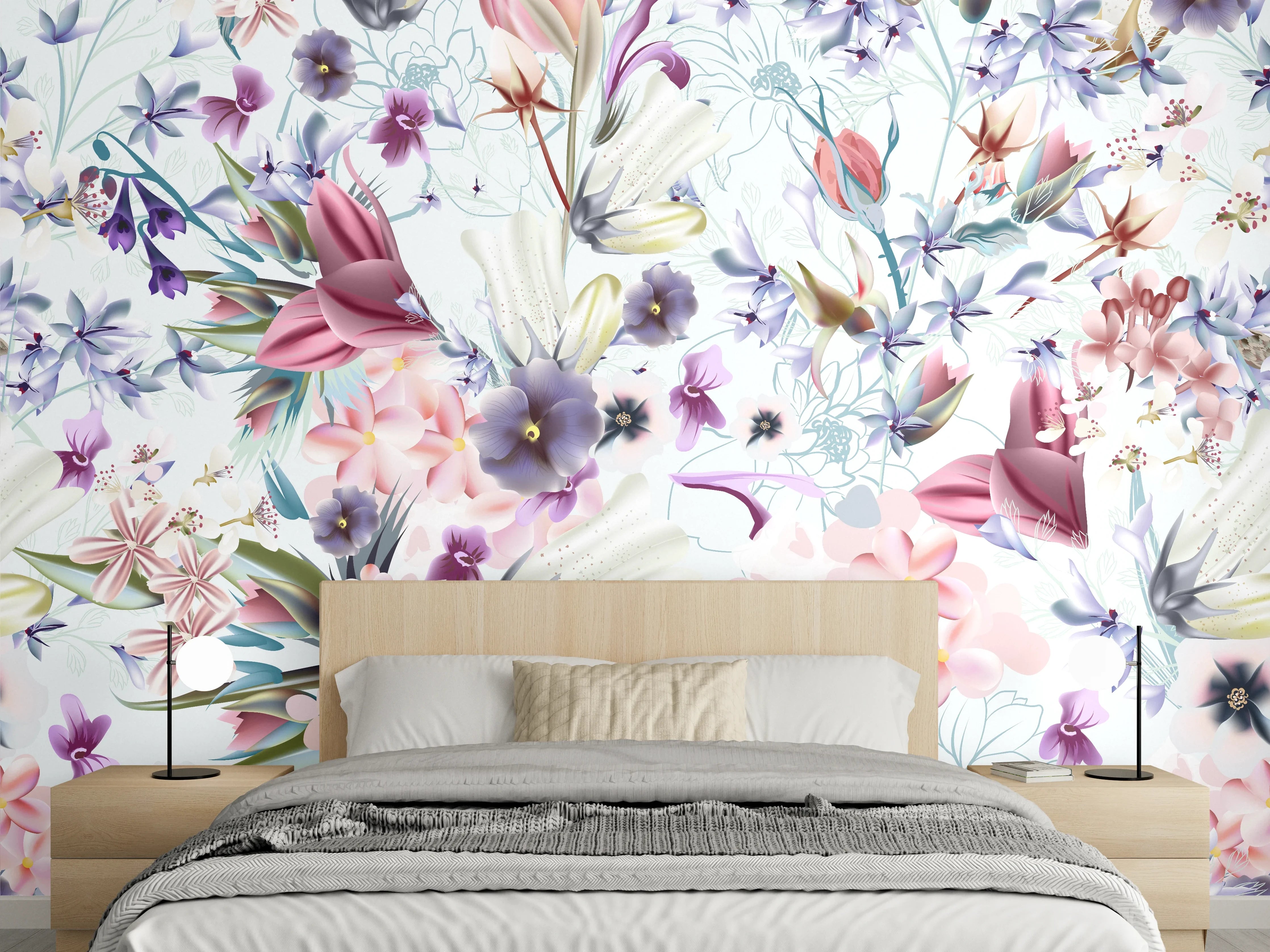 Wandverkleidung Schlafzimmer - Aquarell Blumenmuster Pastell Stil