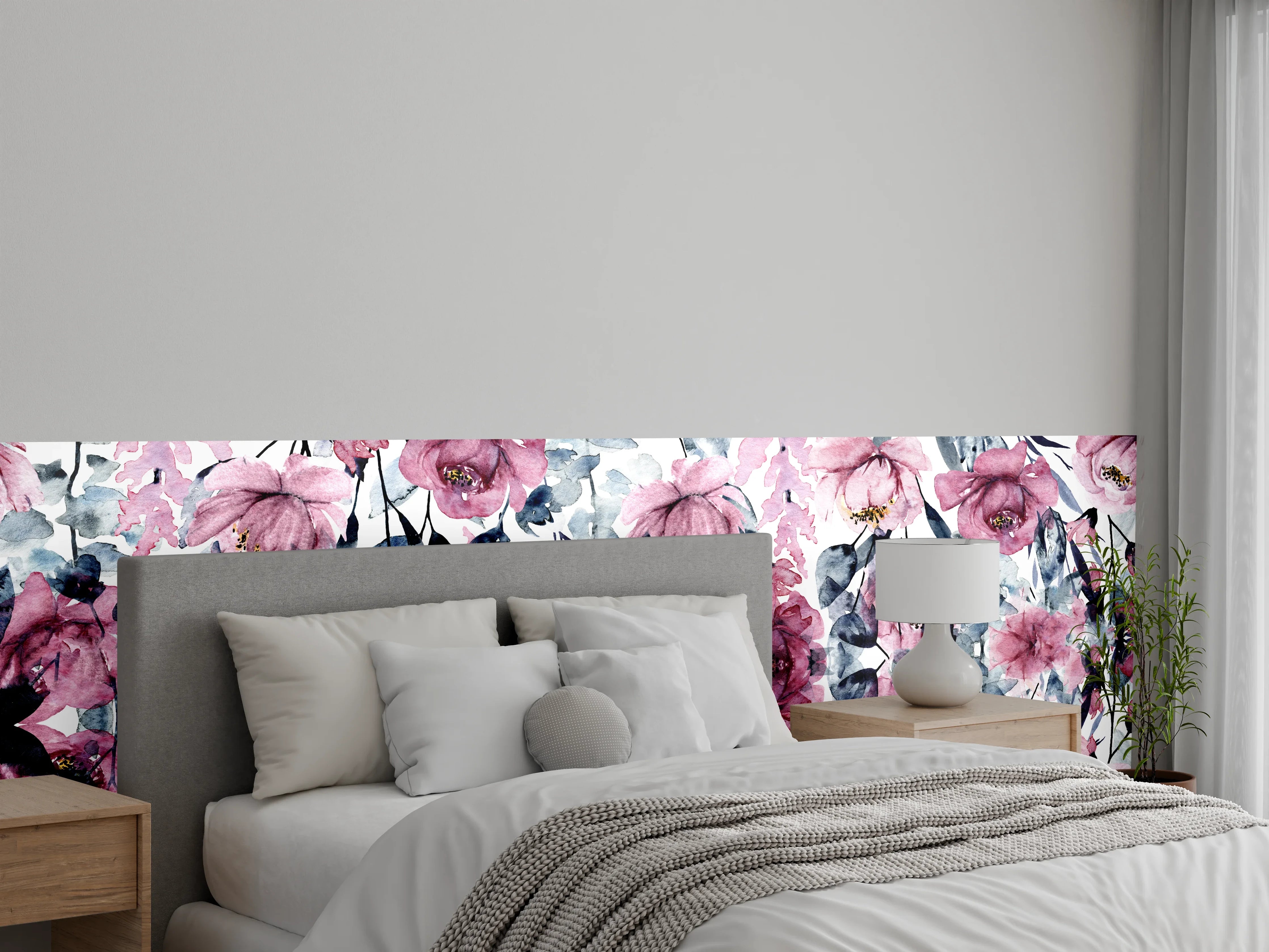 Wandverkleidung Schlafzimmer - Aquarell Blumenmuster Rosa Grau