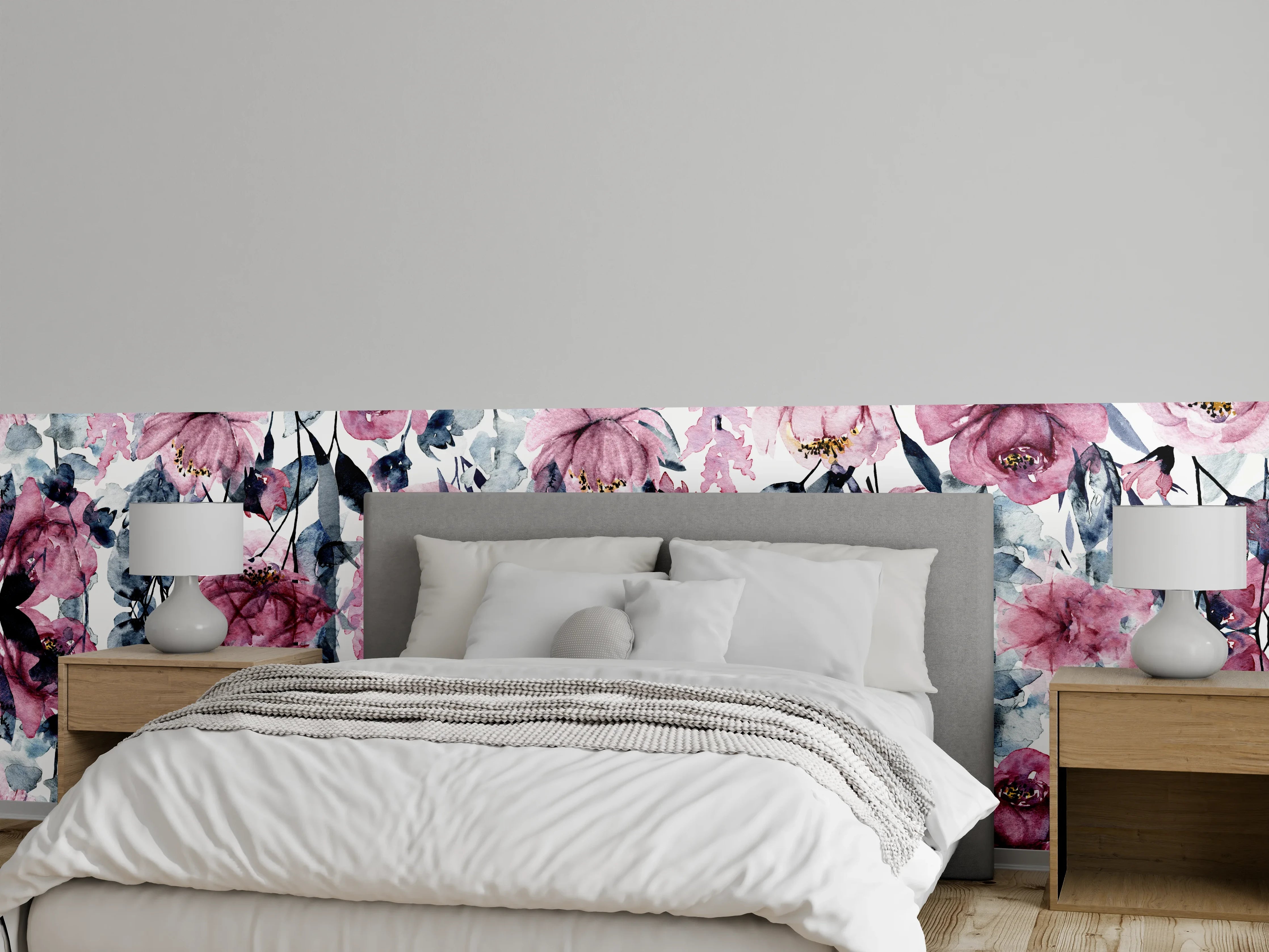 Wandverkleidung Schlafzimmer - Aquarell Blumenmuster Rosa Grau