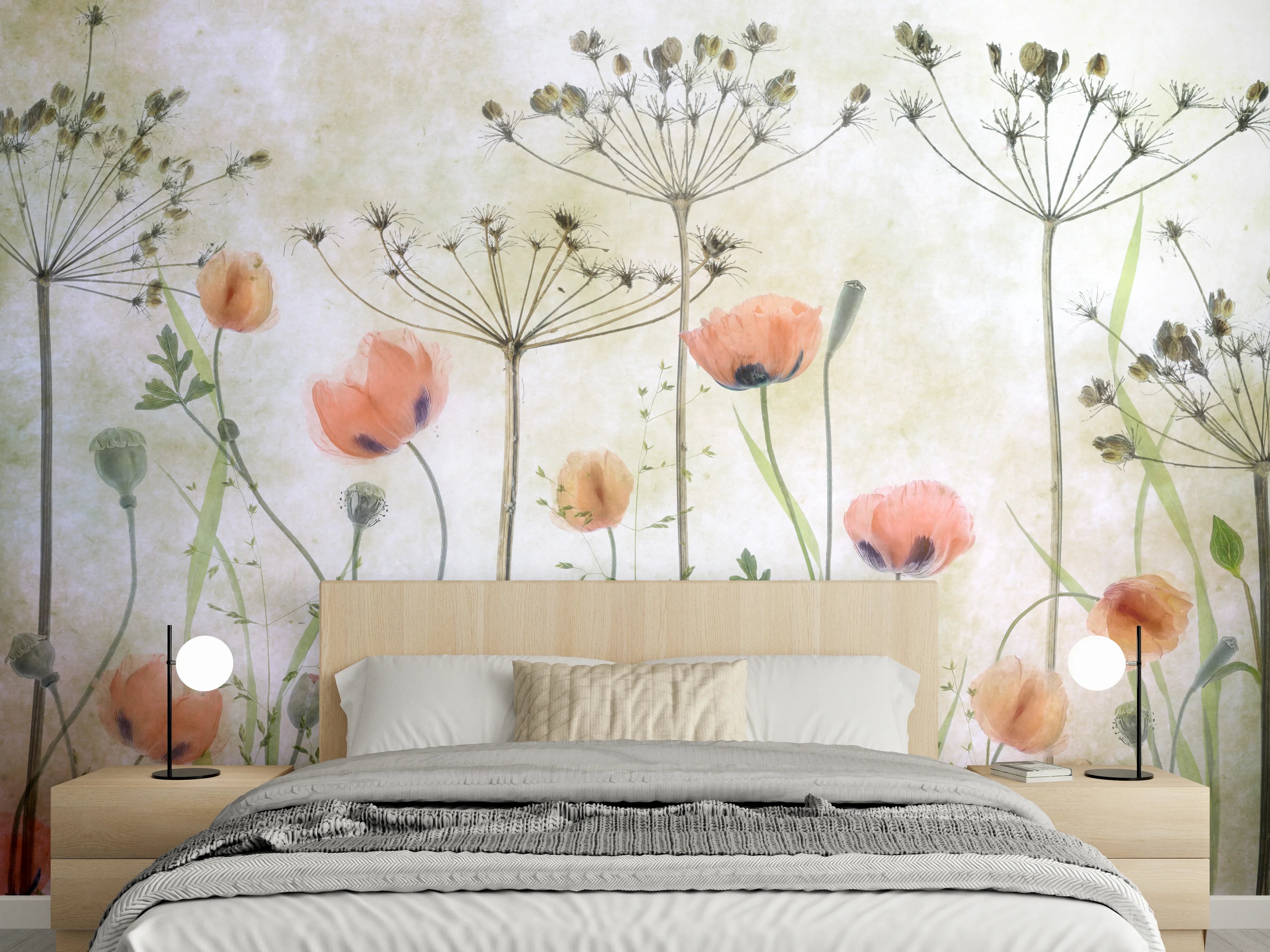 Wandverkleidung Schlafzimmer - Aquarell Blumenwiese zarte Pastellfarben