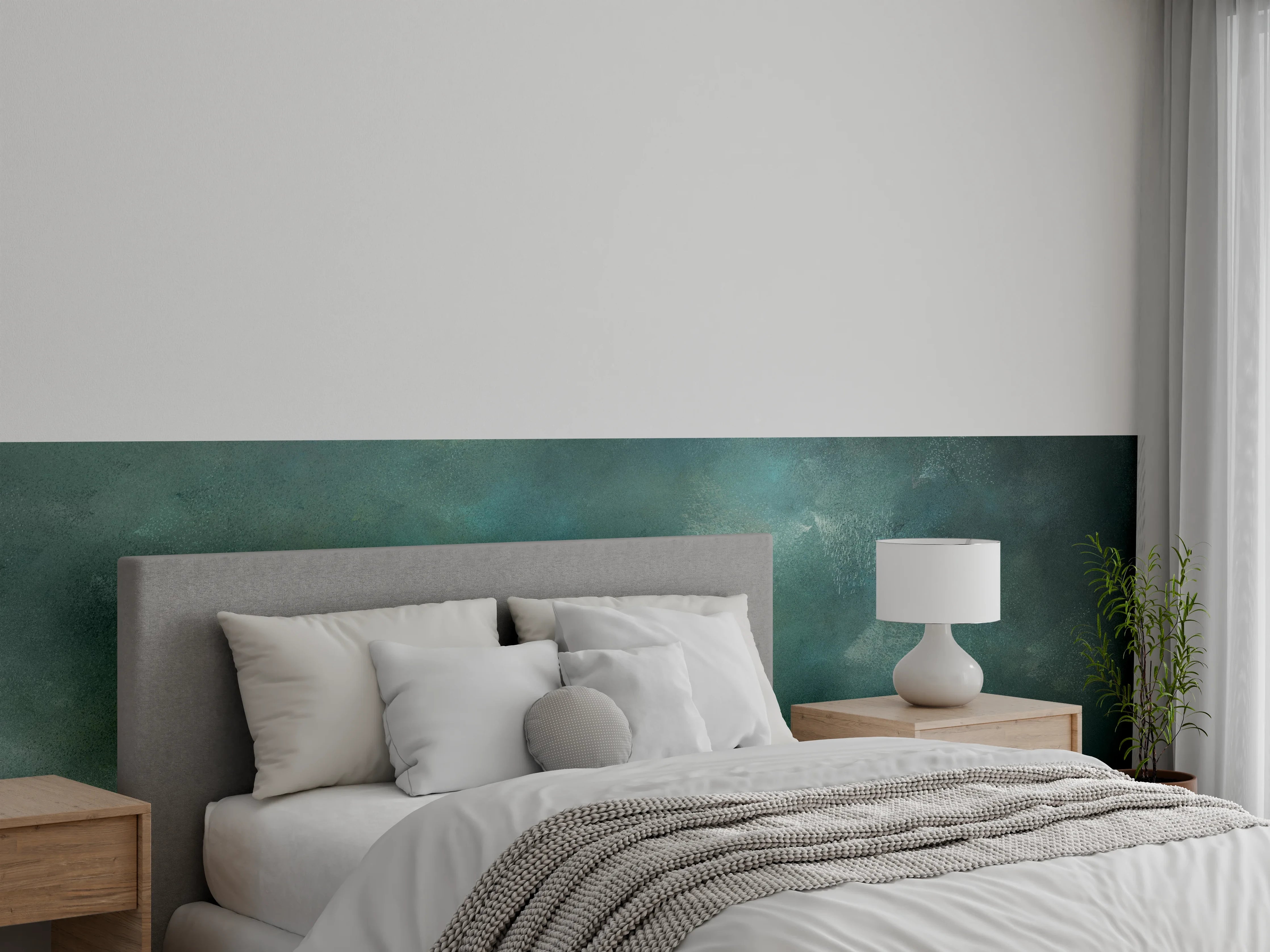 Wandverkleidung Schlafzimmer - Aquarell-Grünblau Nebel Effekt Wandbild