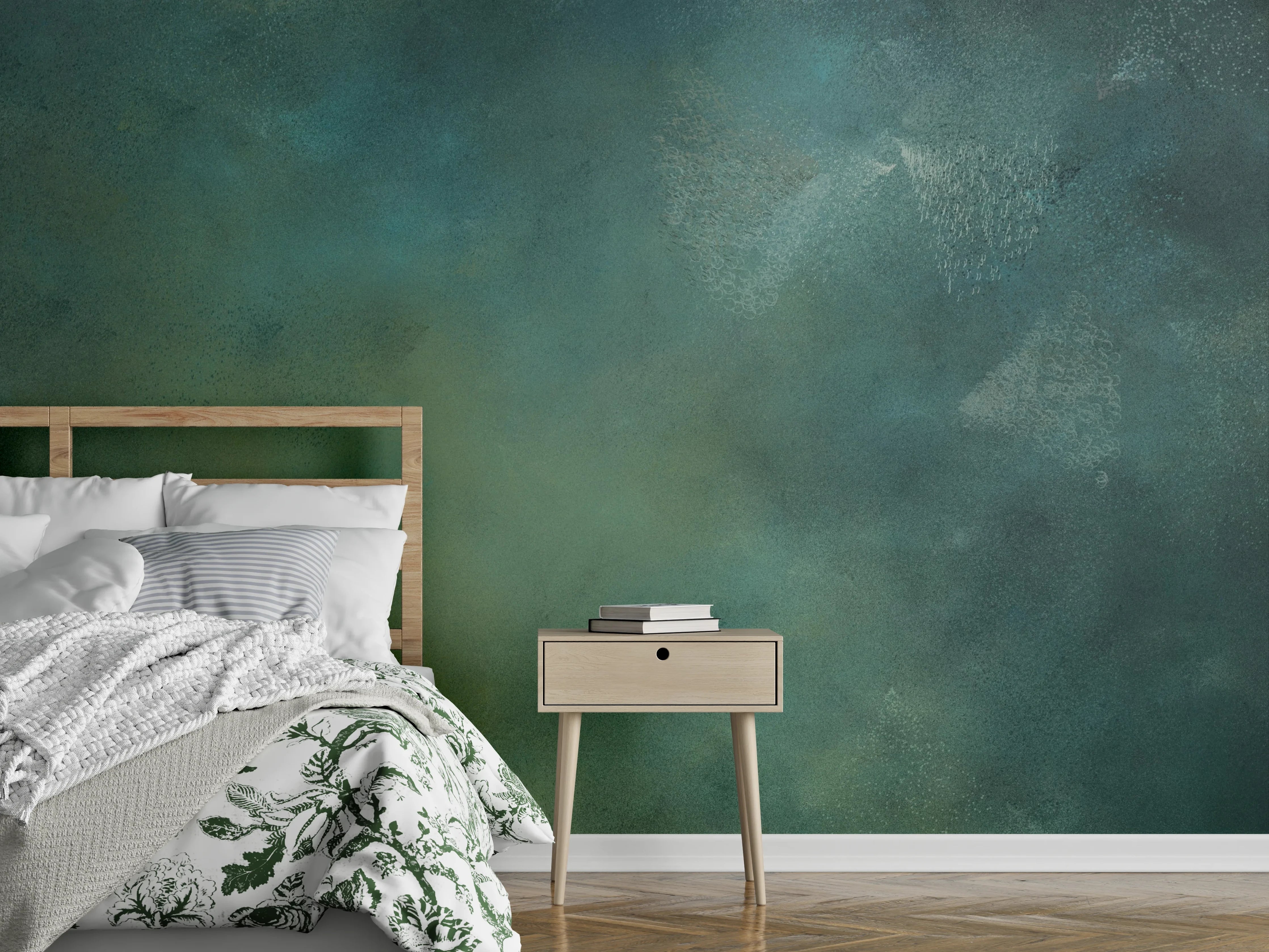 Wandverkleidung Schlafzimmer - Aquarell-Grünblau Nebel Effekt Wandbild