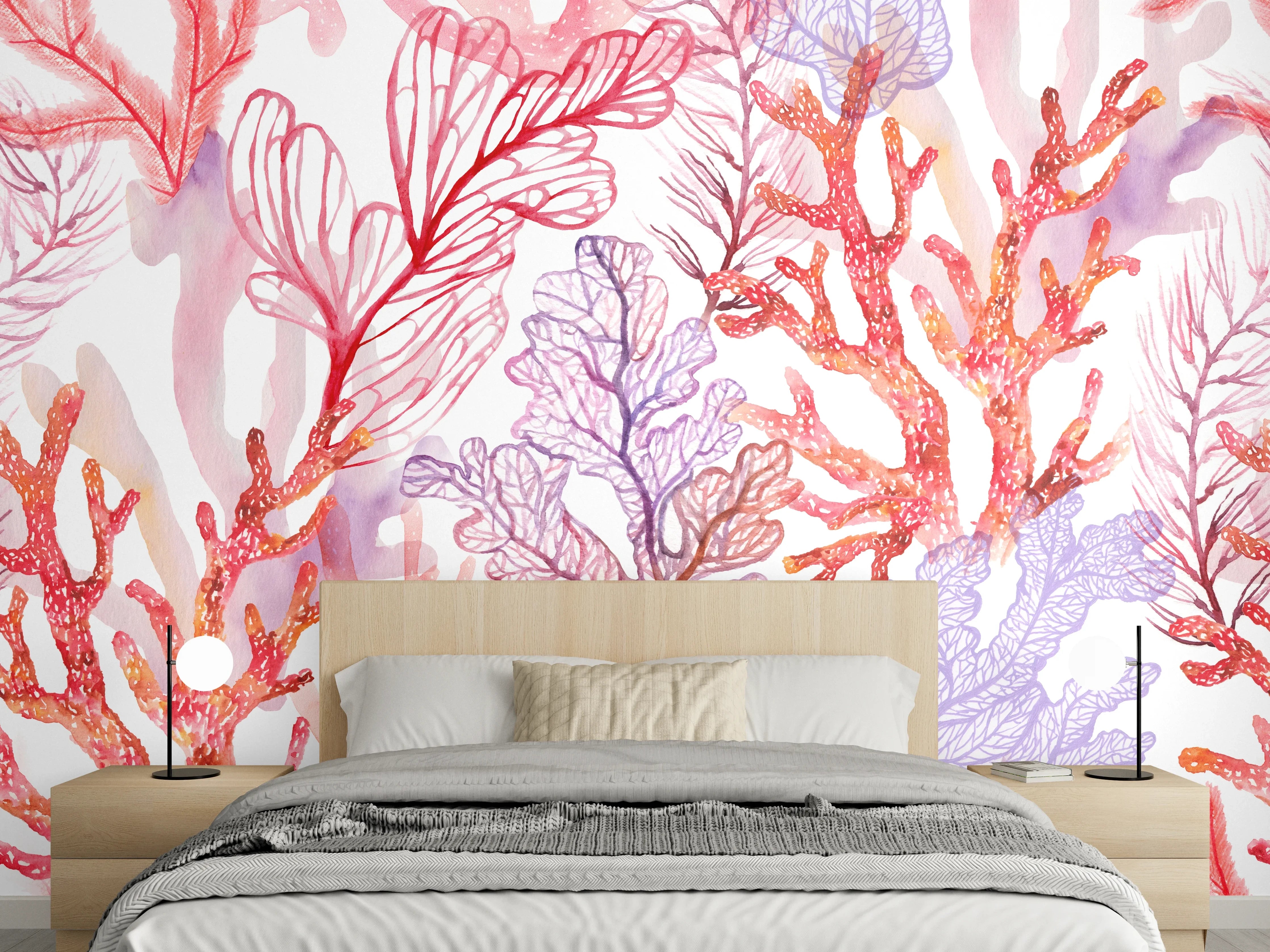Wandverkleidung Schlafzimmer - Aquarell Korallenmuster in Rosa und Lila