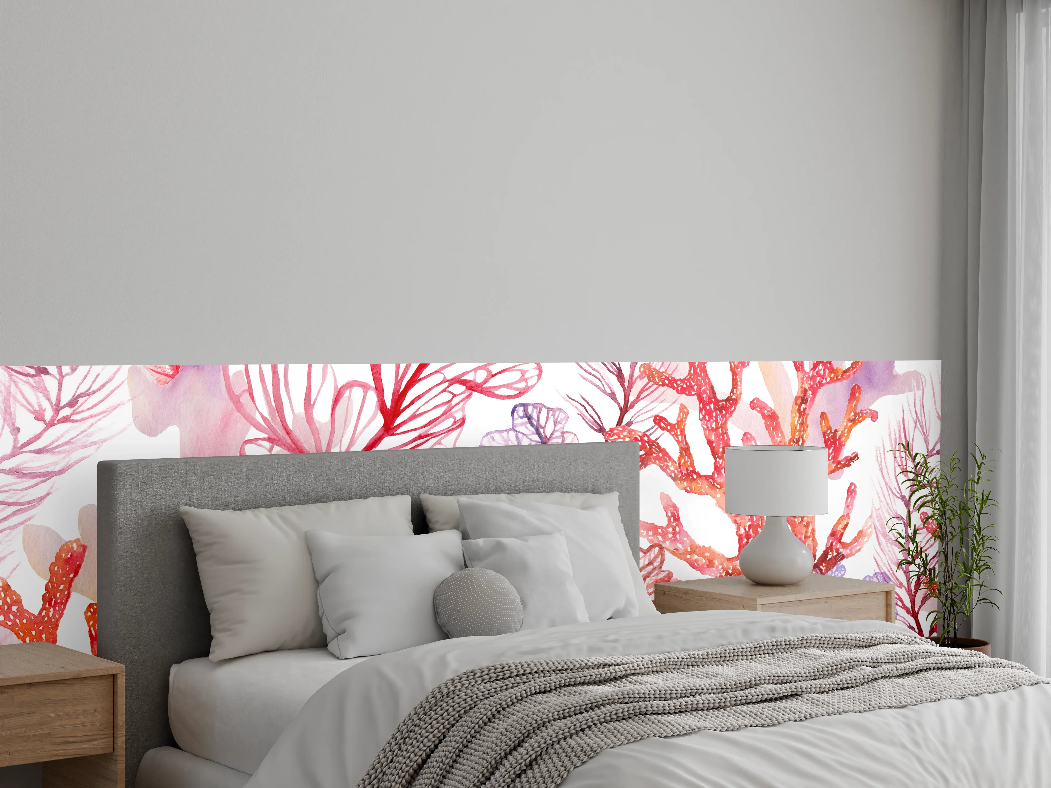 Wandverkleidung Schlafzimmer - Aquarell Korallenmuster in Rosa und Lila