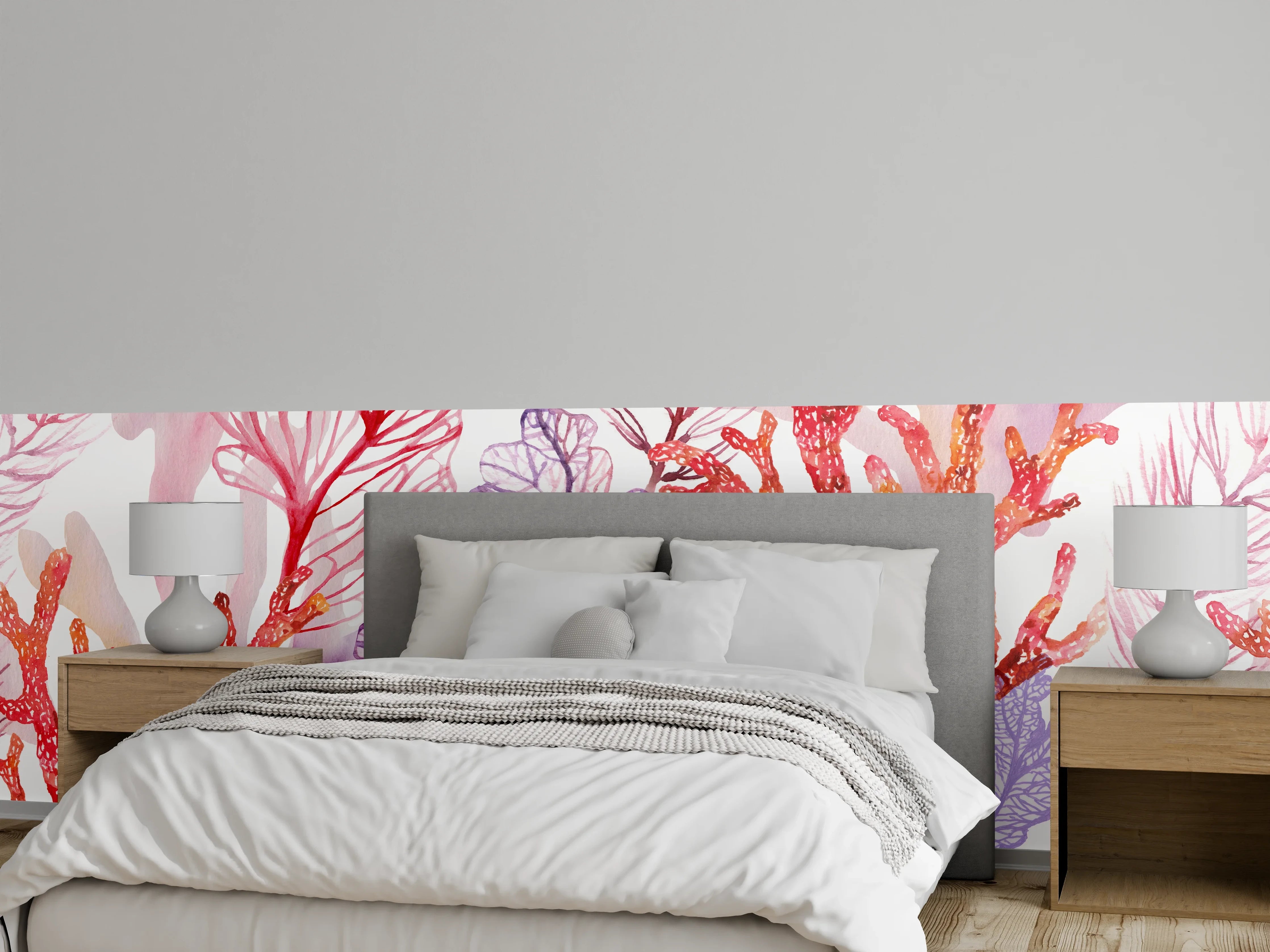 Wandverkleidung Schlafzimmer - Aquarell Korallenmuster in Rosa und Lila