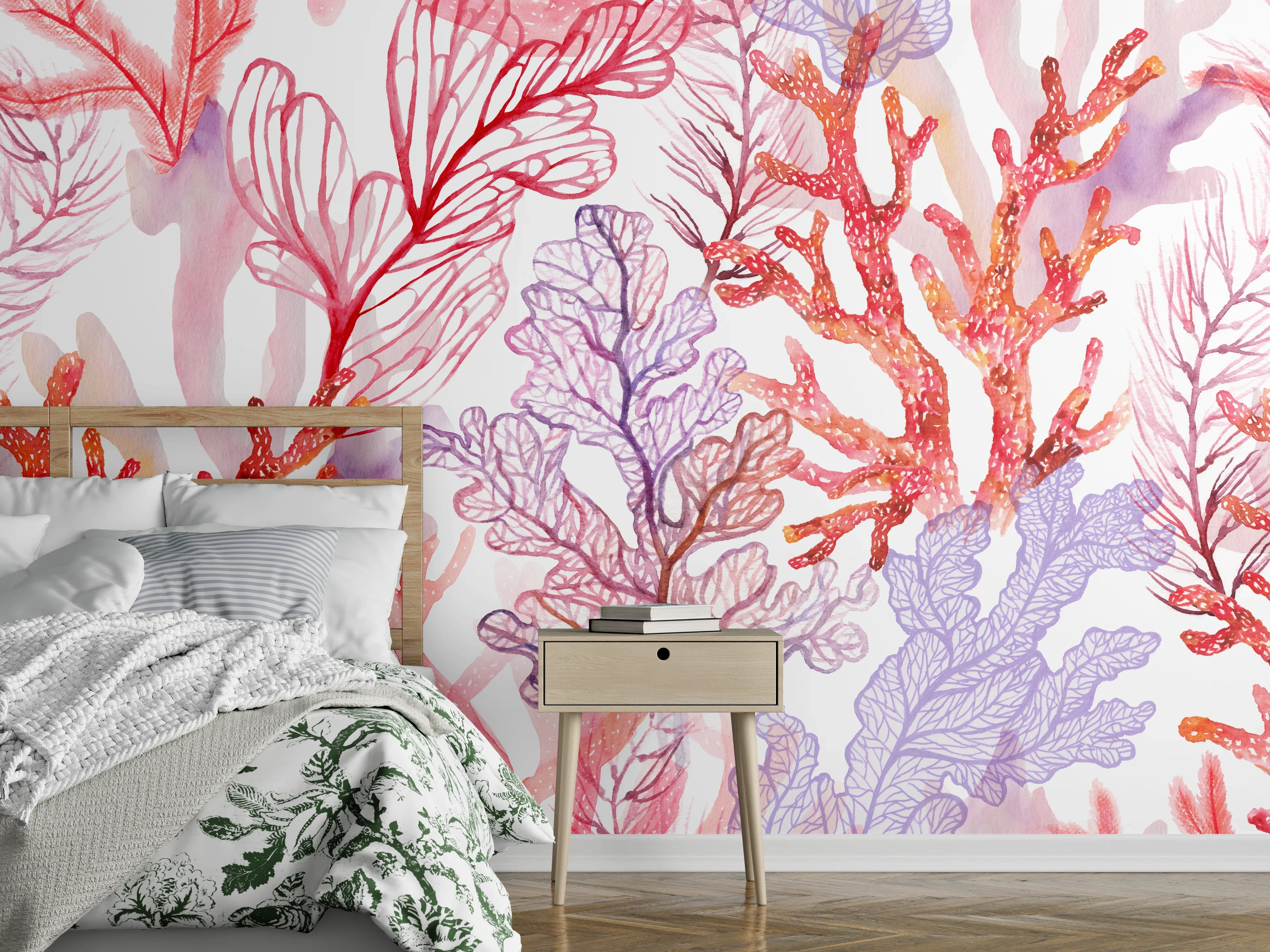 Wandverkleidung Schlafzimmer - Aquarell Korallenmuster in Rosa und Lila