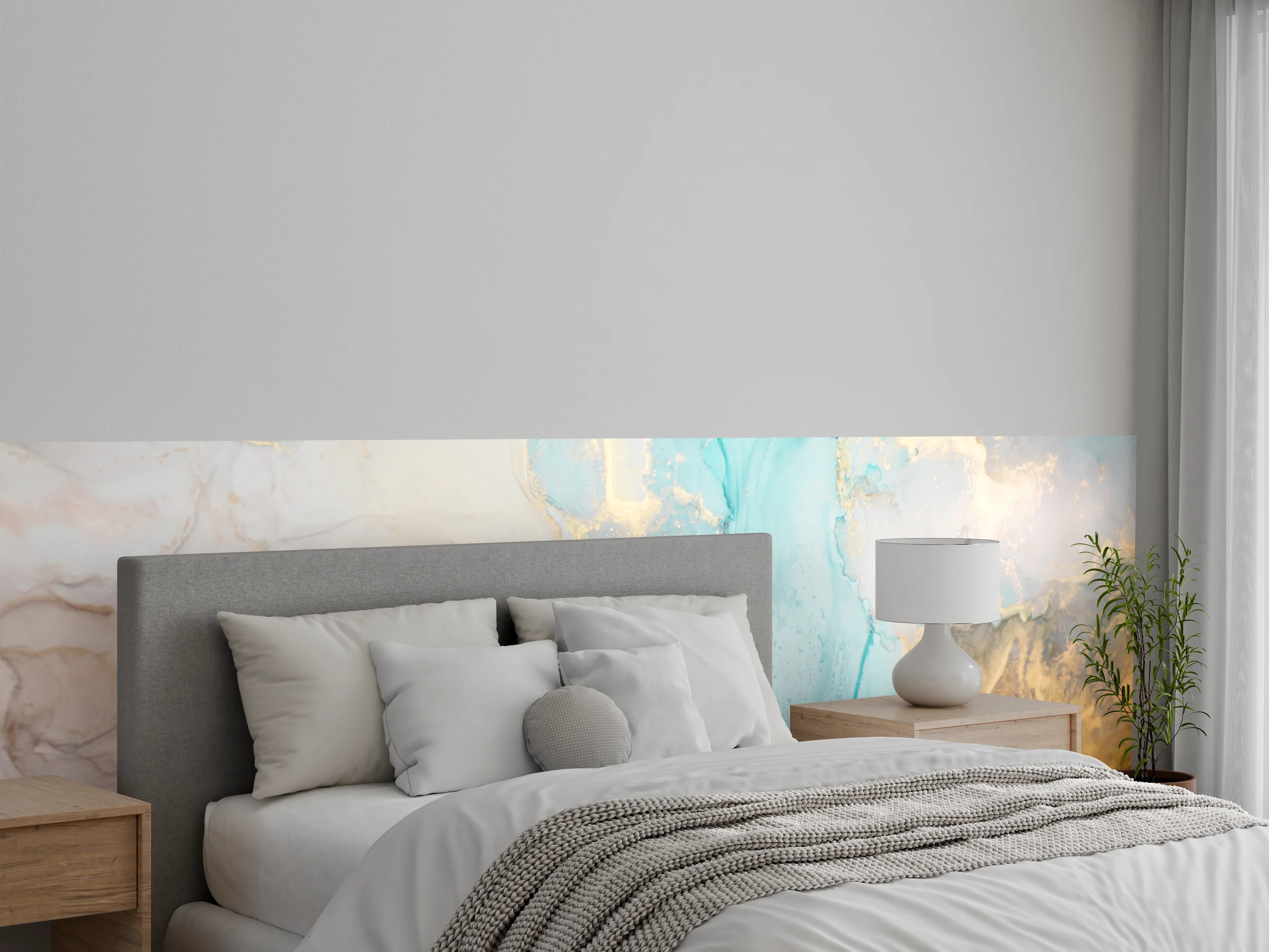 Wandverkleidung Schlafzimmer - Aquarell-Marmor in Türkis und Gold