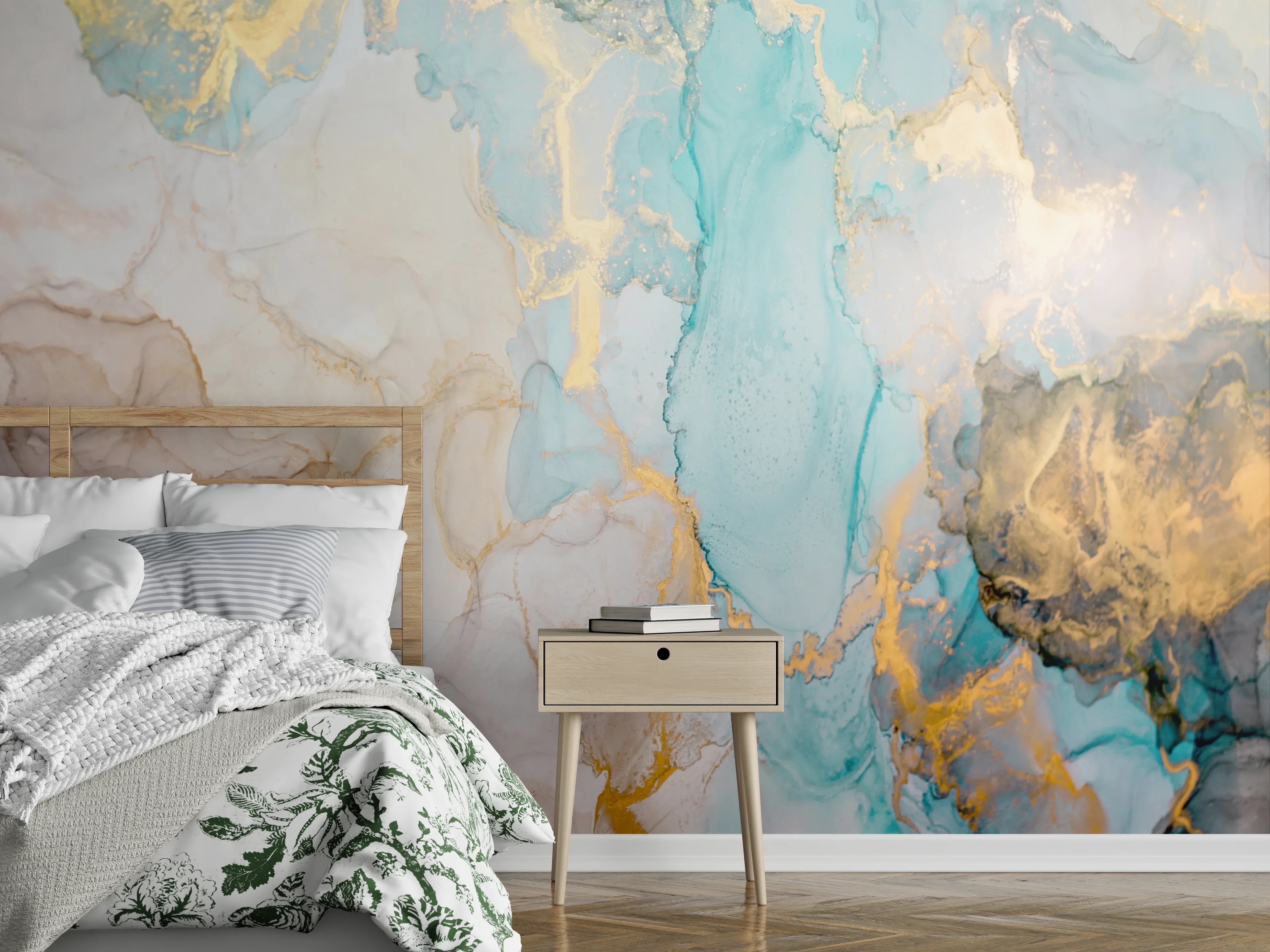 Wandverkleidung Schlafzimmer - Aquarell-Marmor in Türkis und Gold