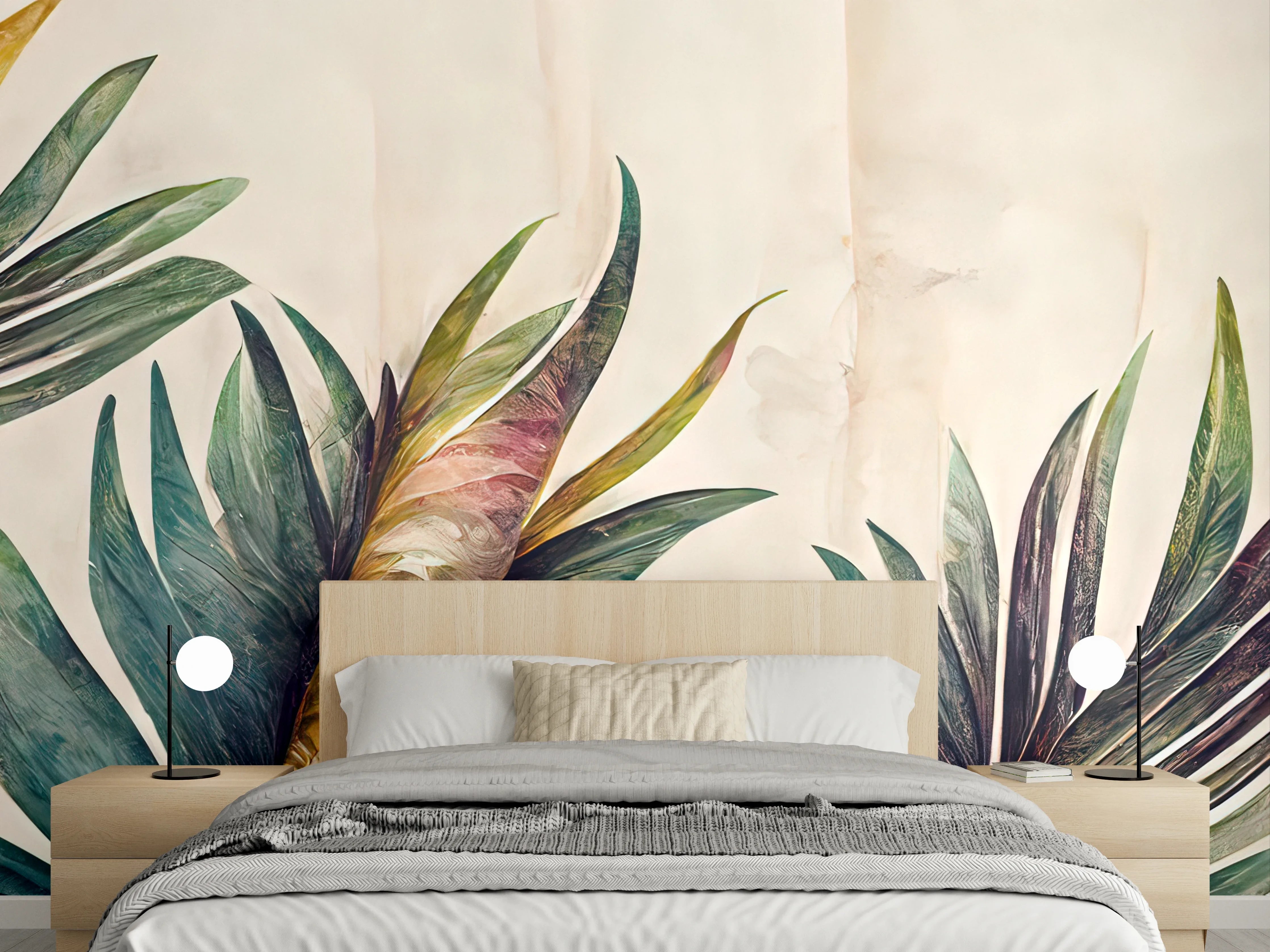 Wandverkleidung Schlafzimmer - Aquarell Palmblätter Wandbild