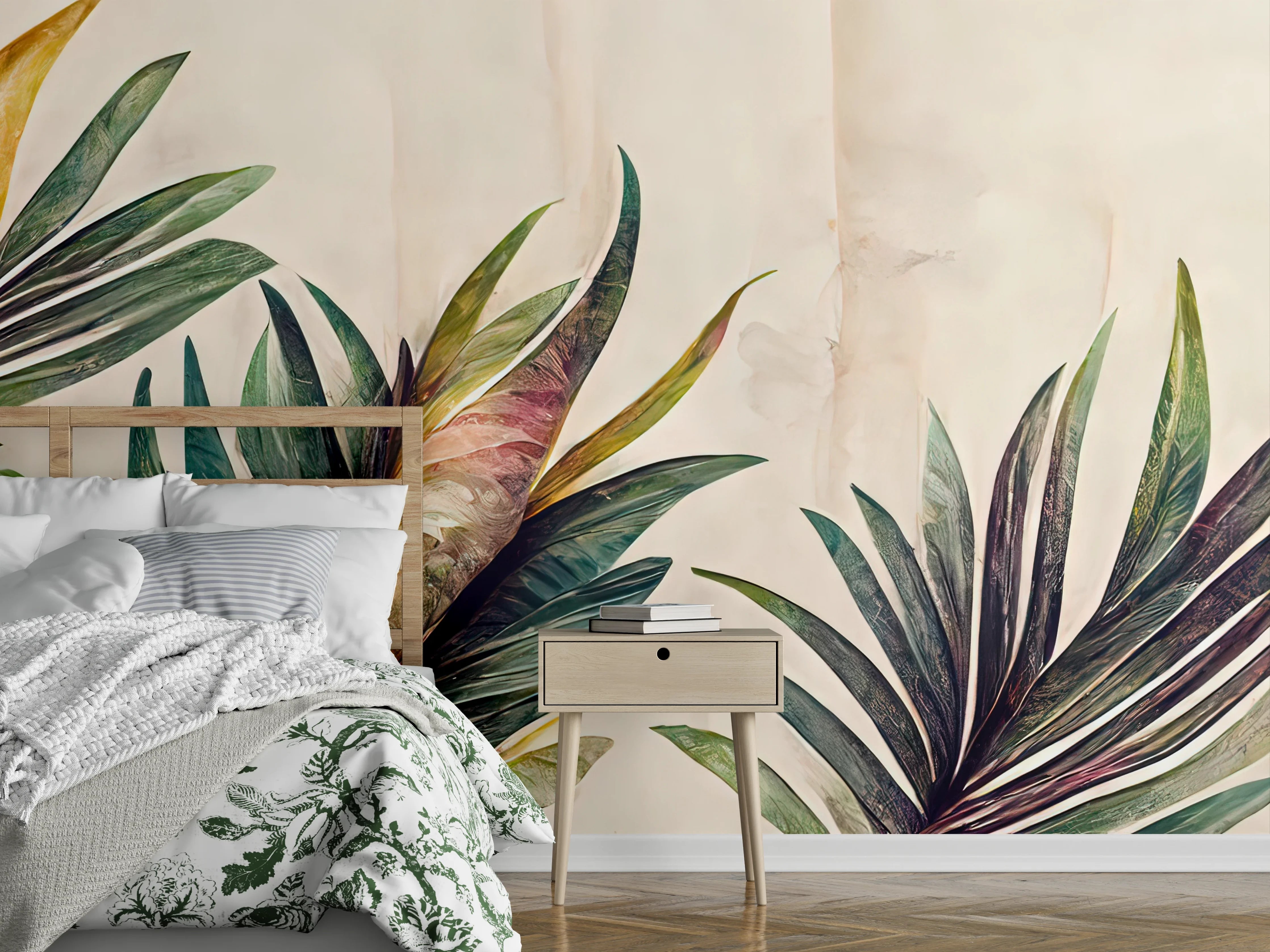 Wandverkleidung Schlafzimmer - Aquarell Palmblätter Wandbild