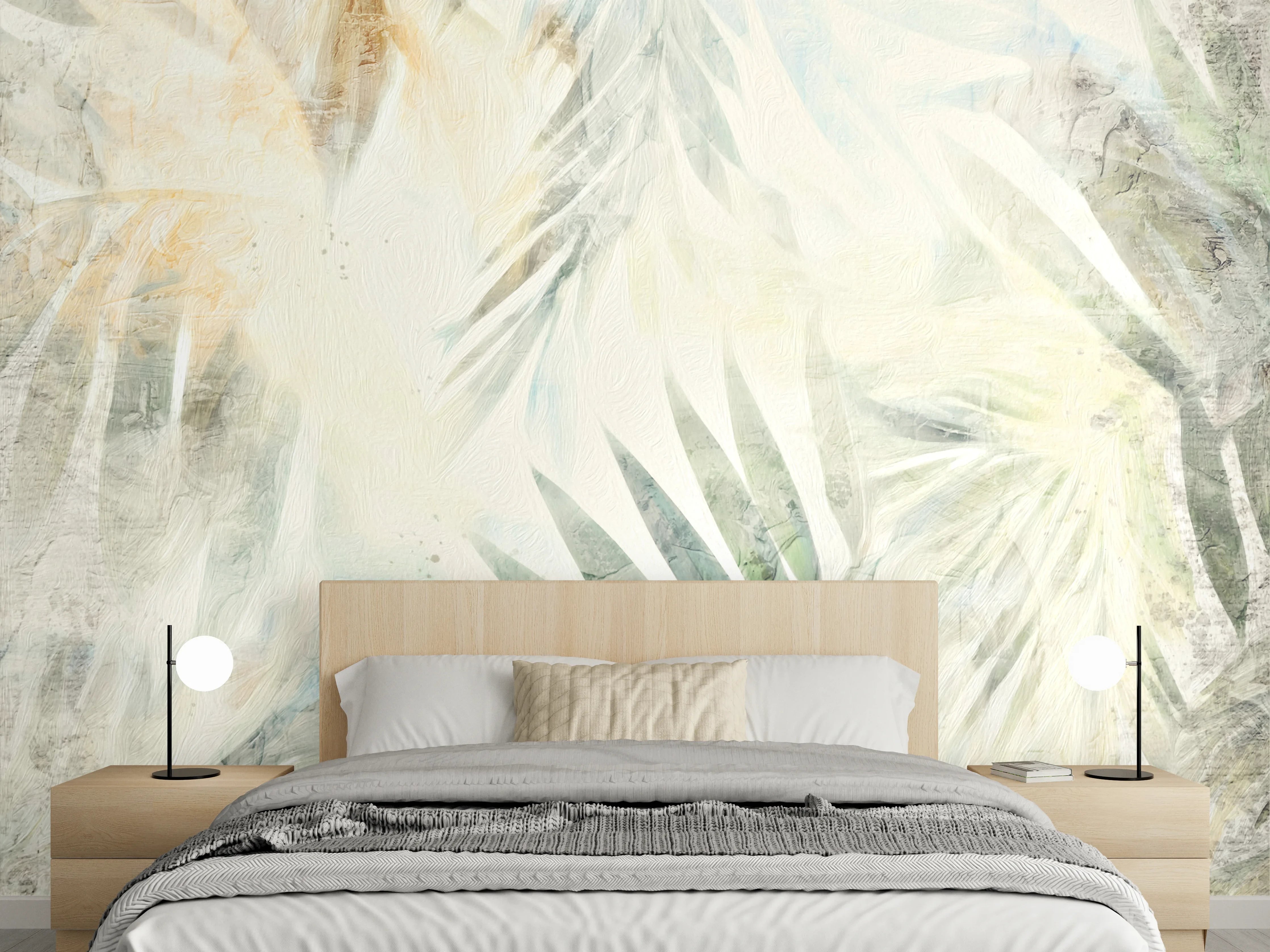 Wandverkleidung Schlafzimmer - Aquarell Palmen Blätter Weiß Beige