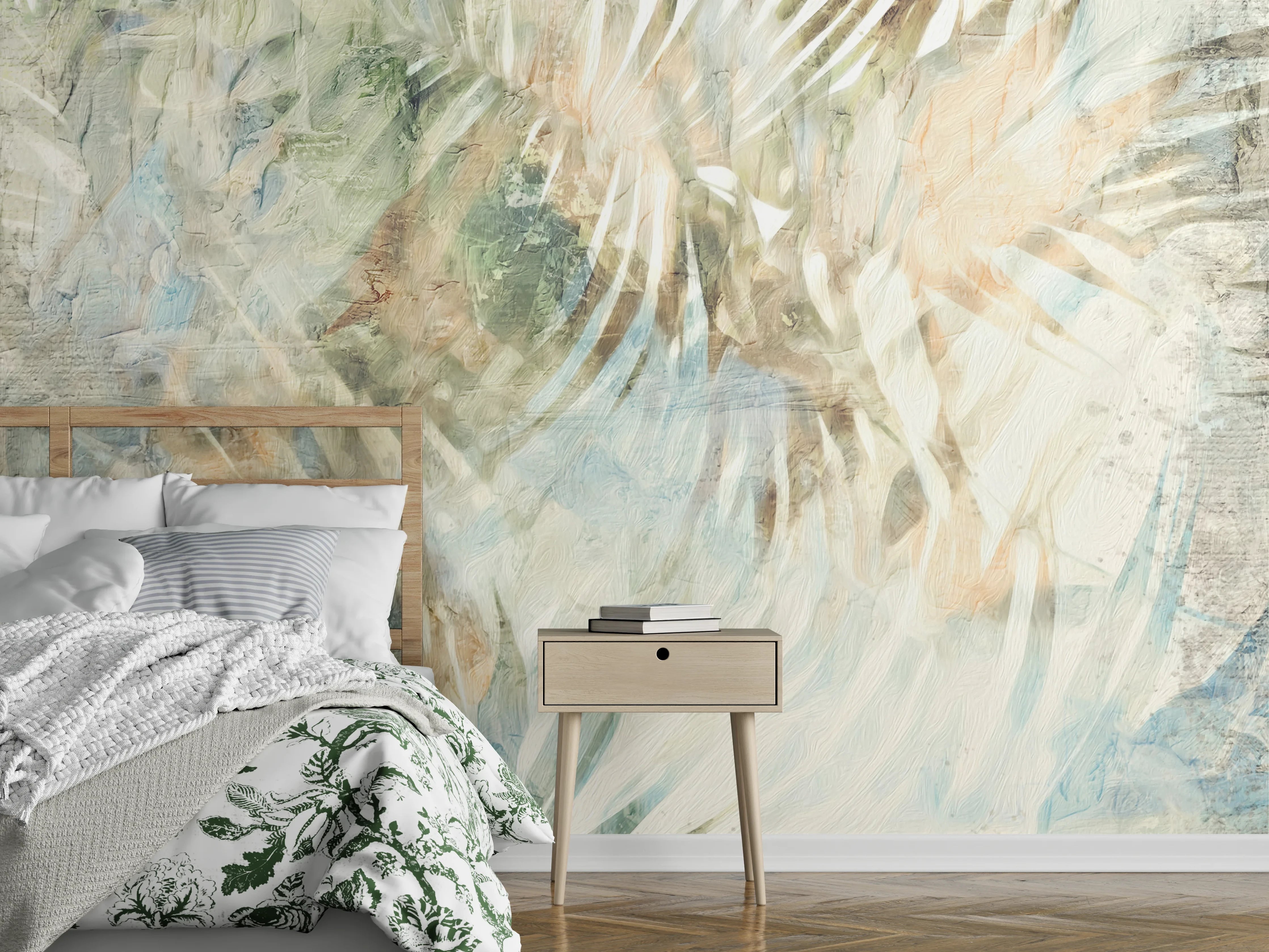 Wandverkleidung Schlafzimmer - Aquarell Palmenblätter Pastell