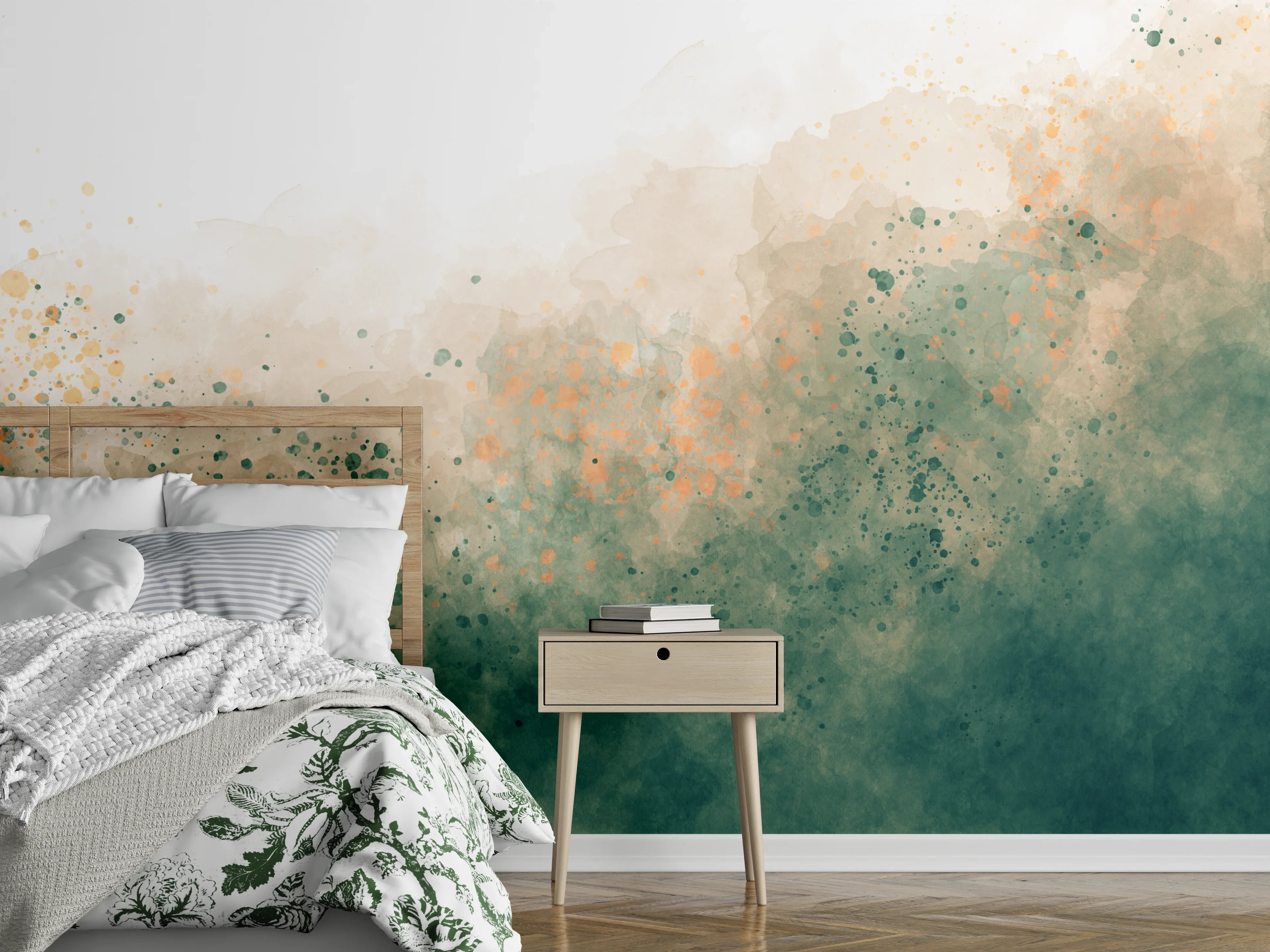 Wandverkleidung Schlafzimmer - Aquarell Splash Modern in Grün-Beige