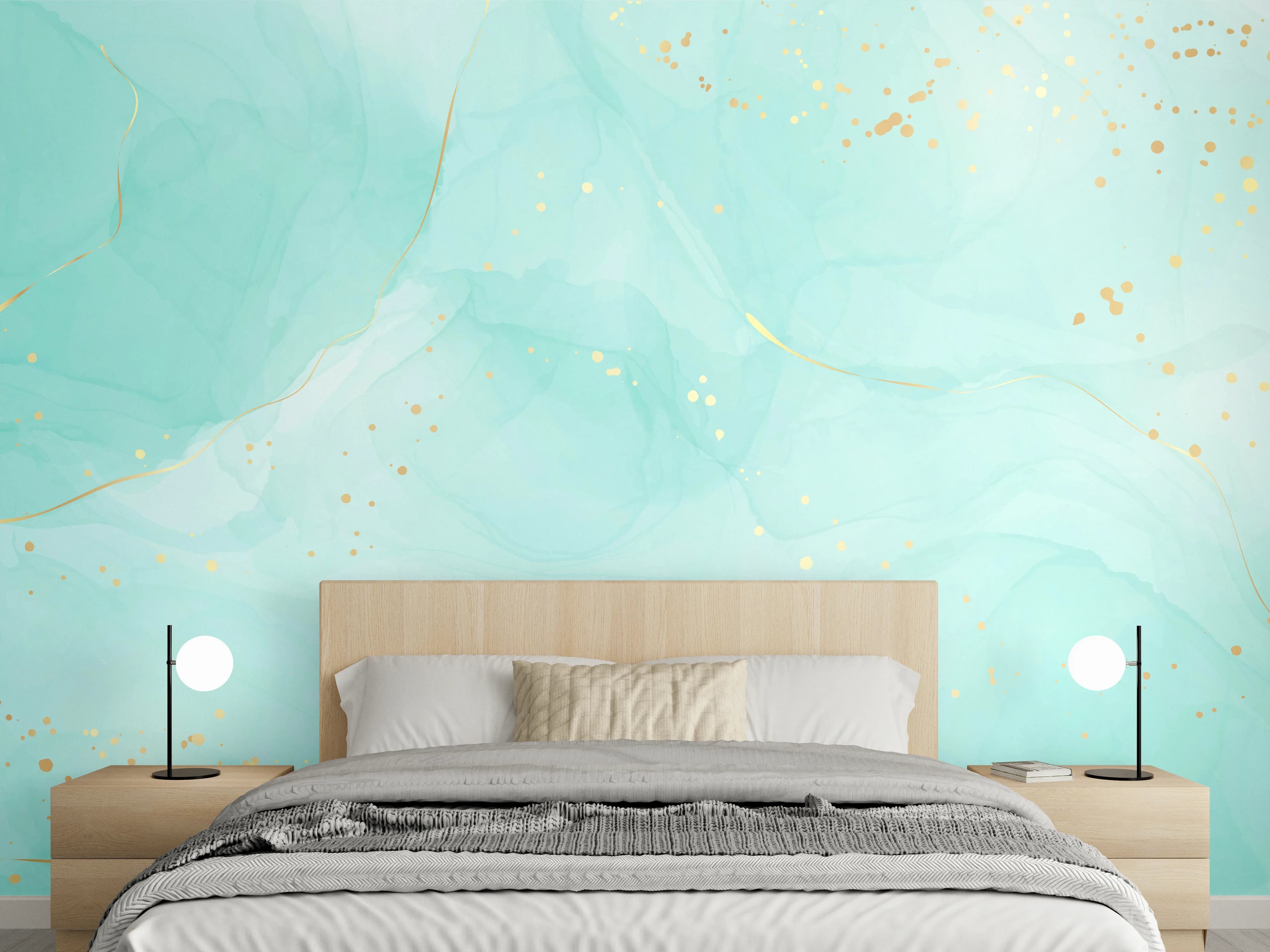 Wandverkleidung Schlafzimmer - Aquarell-Türkis-Gold-Abstrakt