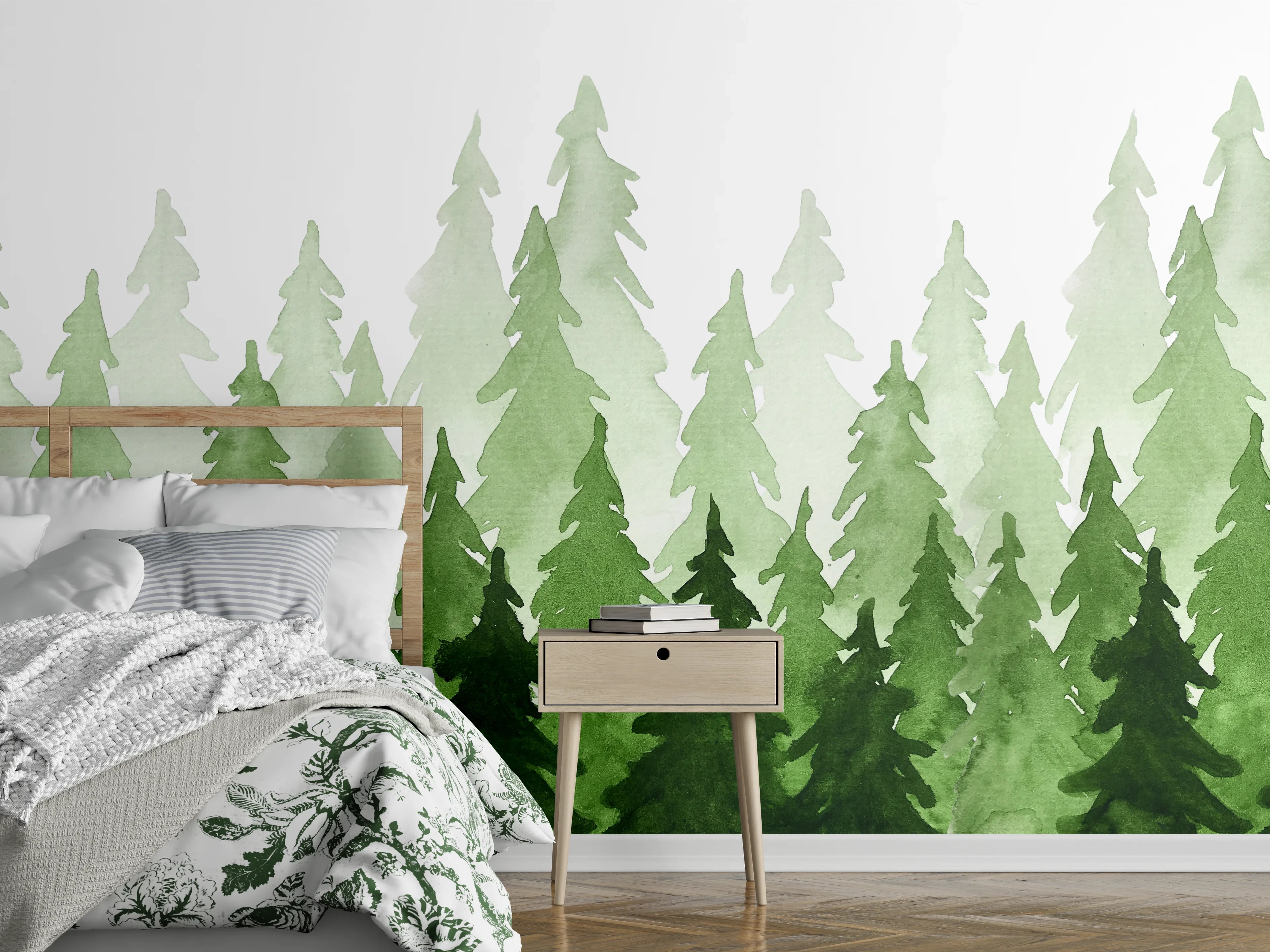 Wandverkleidung Schlafzimmer - Aquarell Waldgrün – Moderne Wandgestaltung