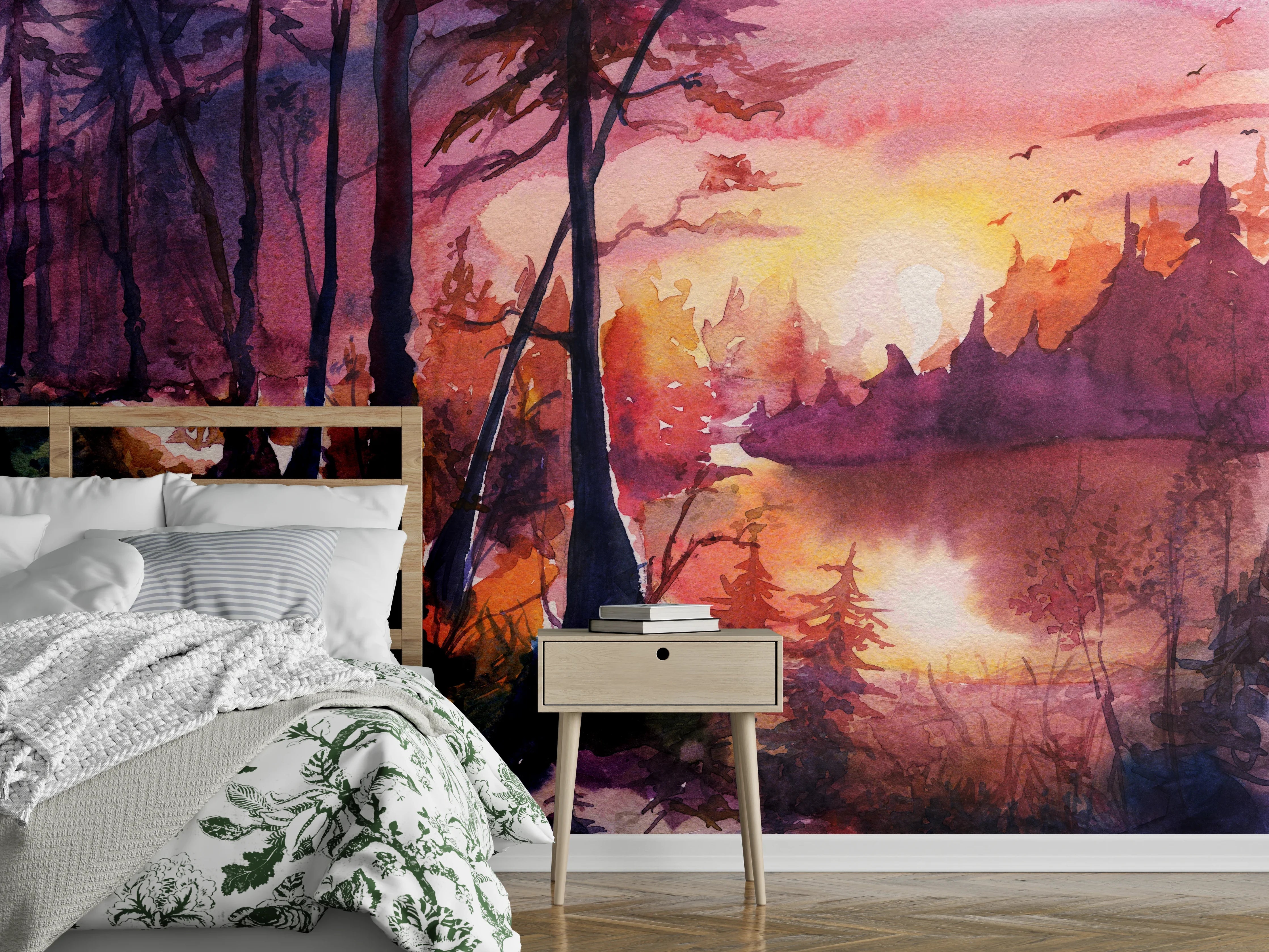 Wandverkleidung Schlafzimmer - Aquarell Waldlandschaft Malerei