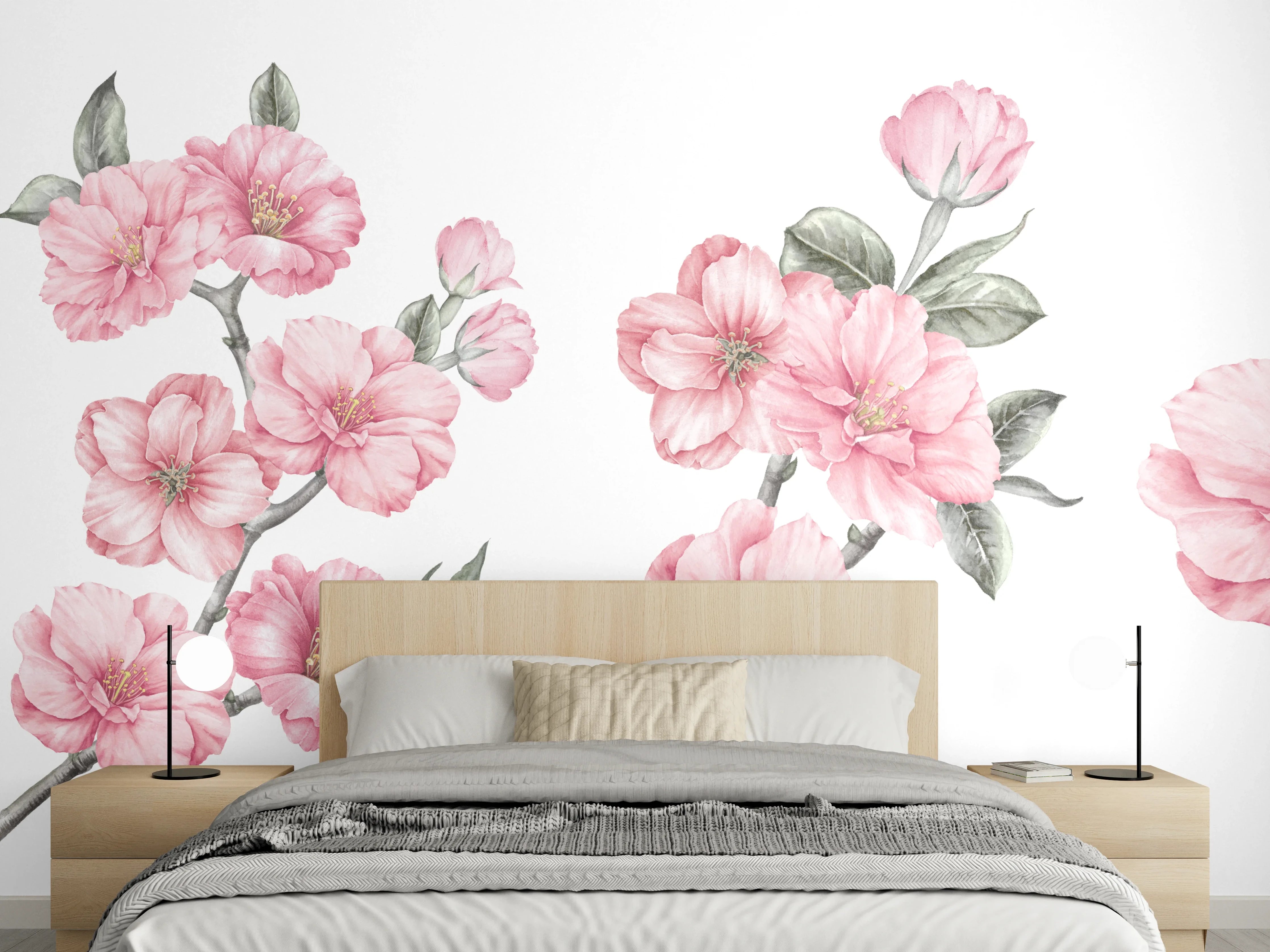 Wandverkleidung Schlafzimmer - Aquarellelemente von blühenden Sakura