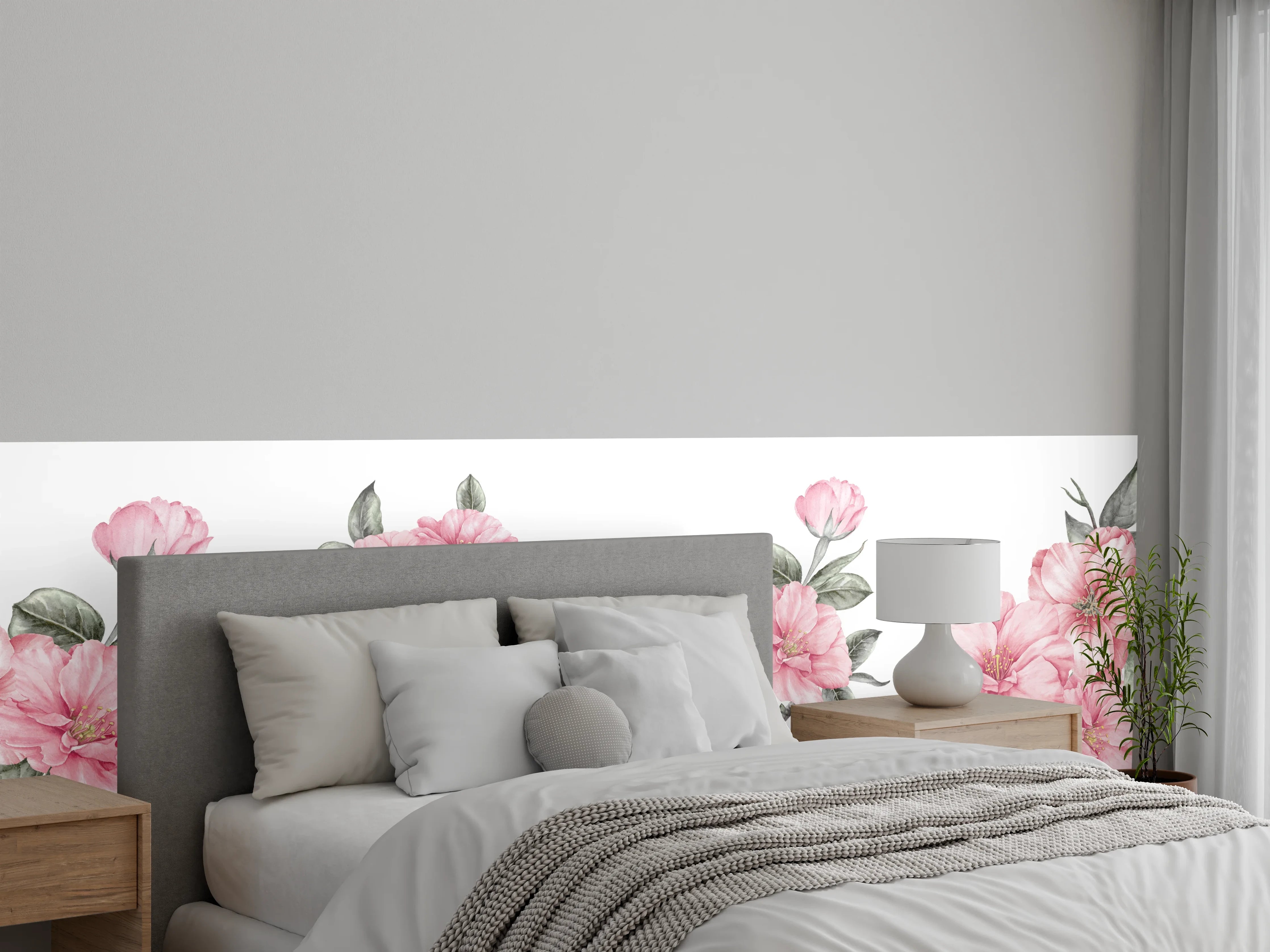 Wandverkleidung Schlafzimmer - Aquarellelemente von blühenden Sakura