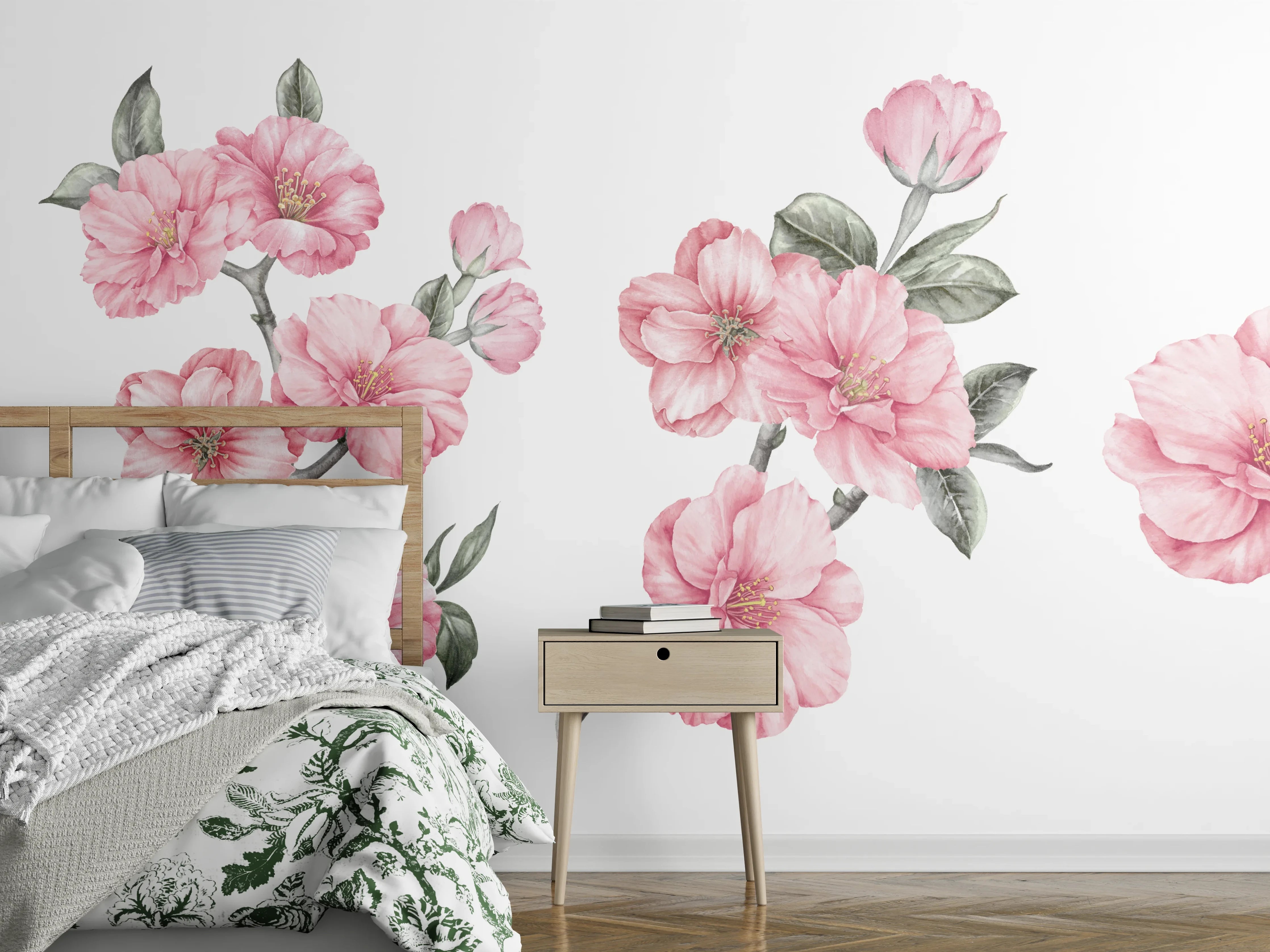 Wandverkleidung Schlafzimmer - Aquarellelemente von blühenden Sakura