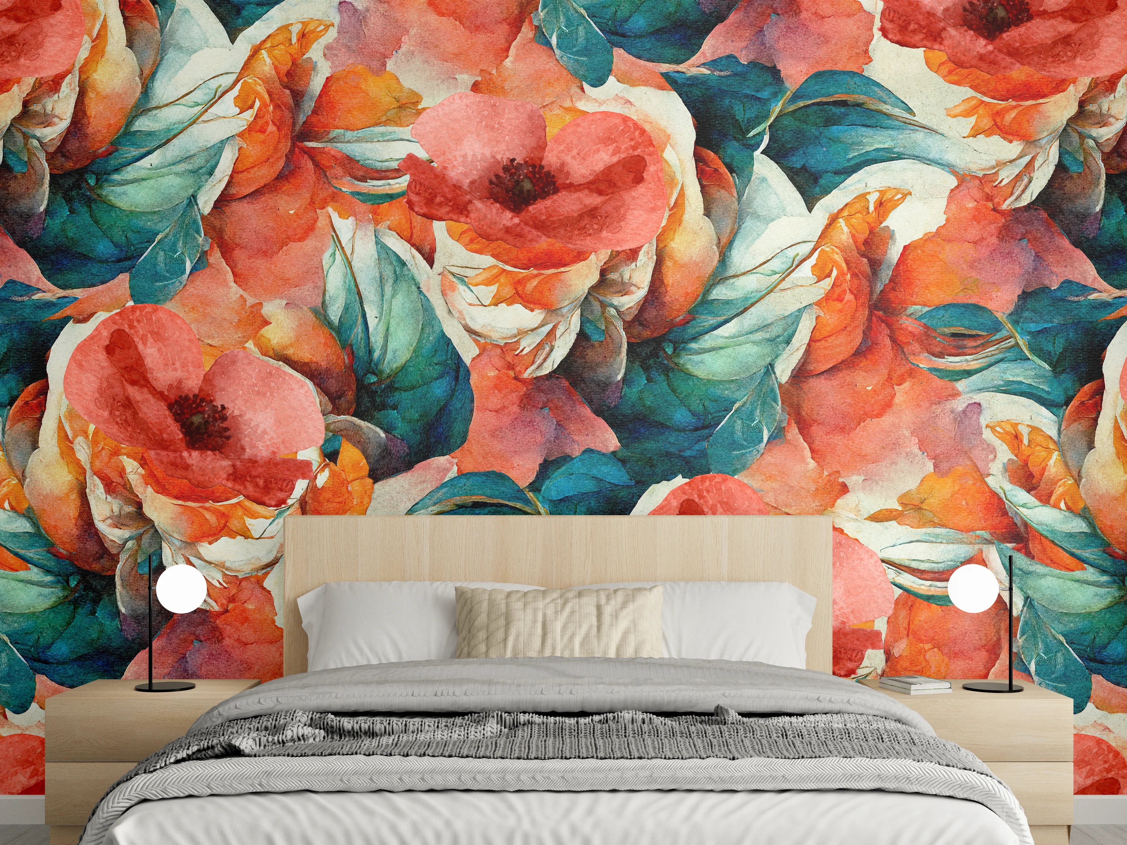 Wandverkleidung Schlafzimmer - Aquarellpapier - Florales Muster