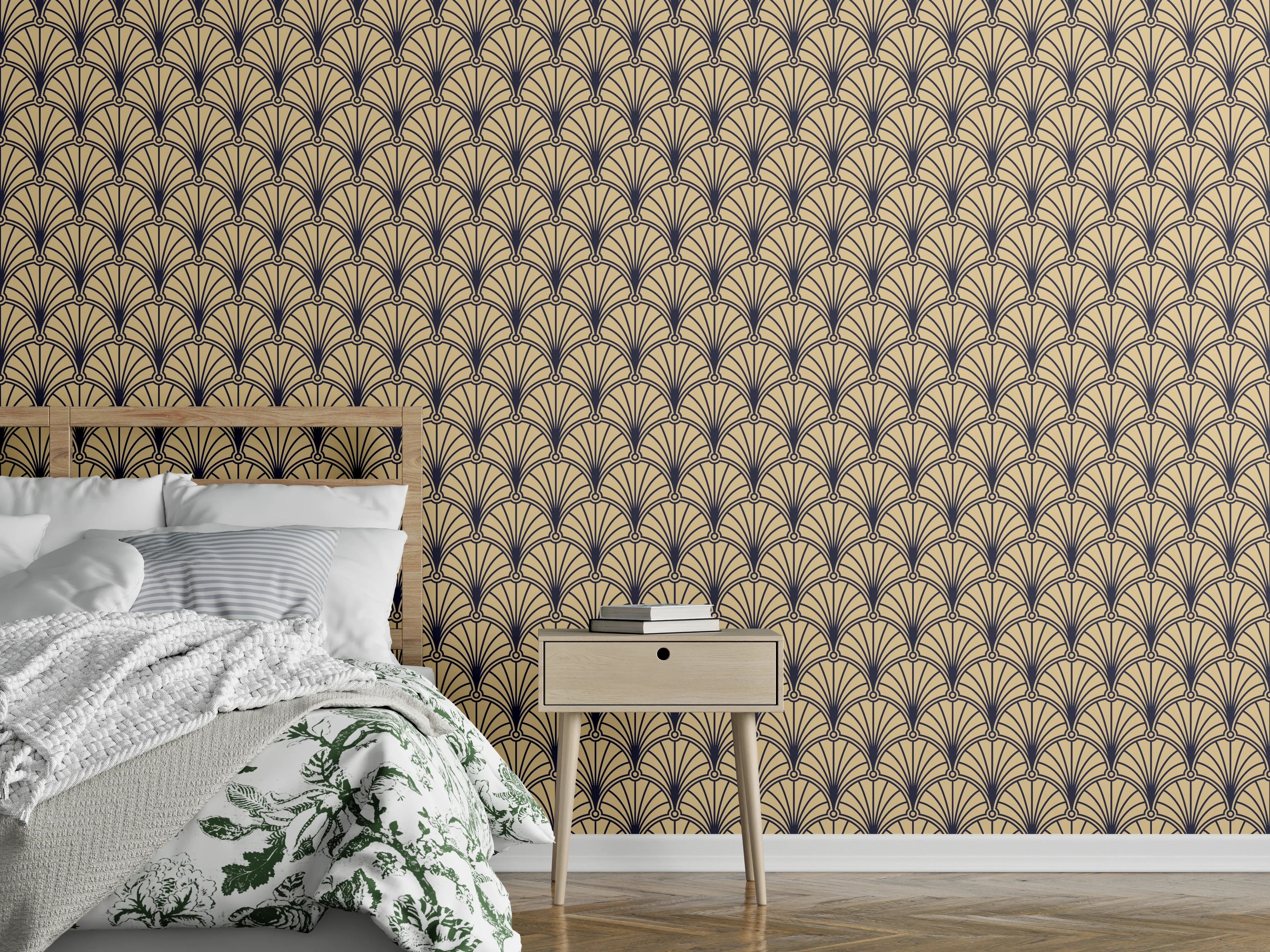 Wandverkleidung Schlafzimmer - Art Déco Muster gold-beige Wand