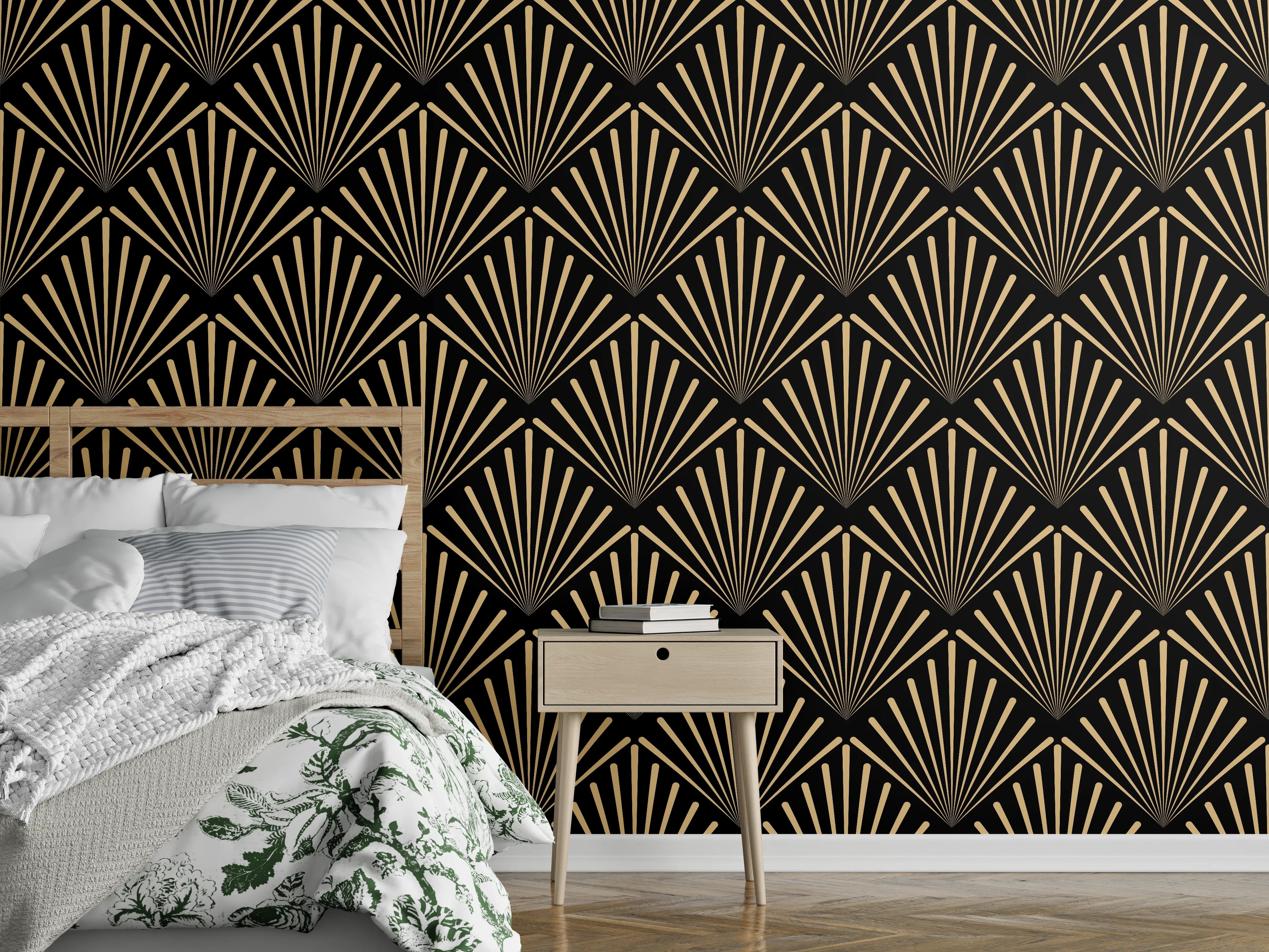 Wandverkleidung Schlafzimmer - Art Deco Muster in Schwarz-Gold