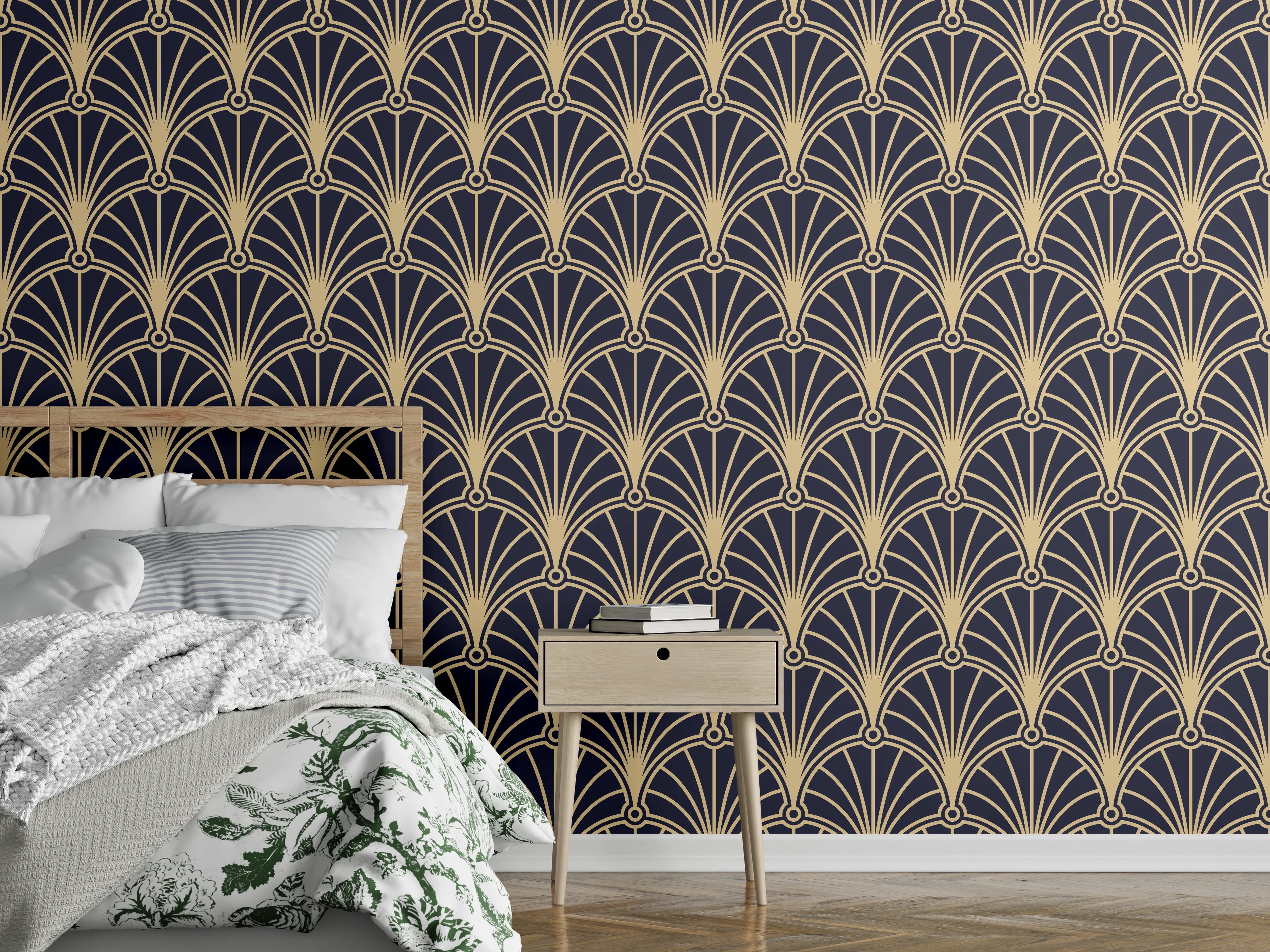Wandverkleidung Schlafzimmer - Art déco Muster in Schwarz und Gold