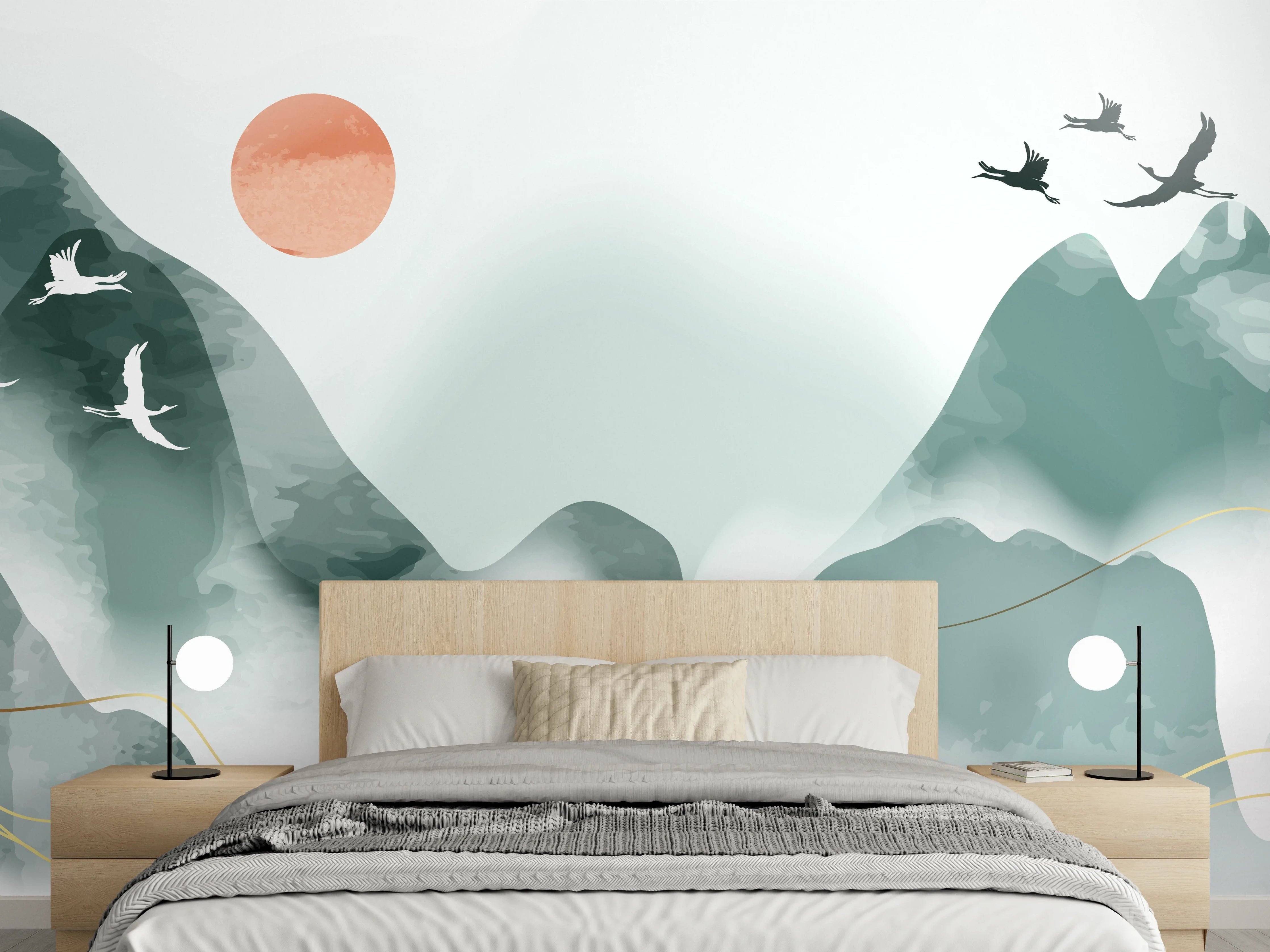 Wandverkleidung Schlafzimmer - Asiatische Aquarell-Berge & Kraniche