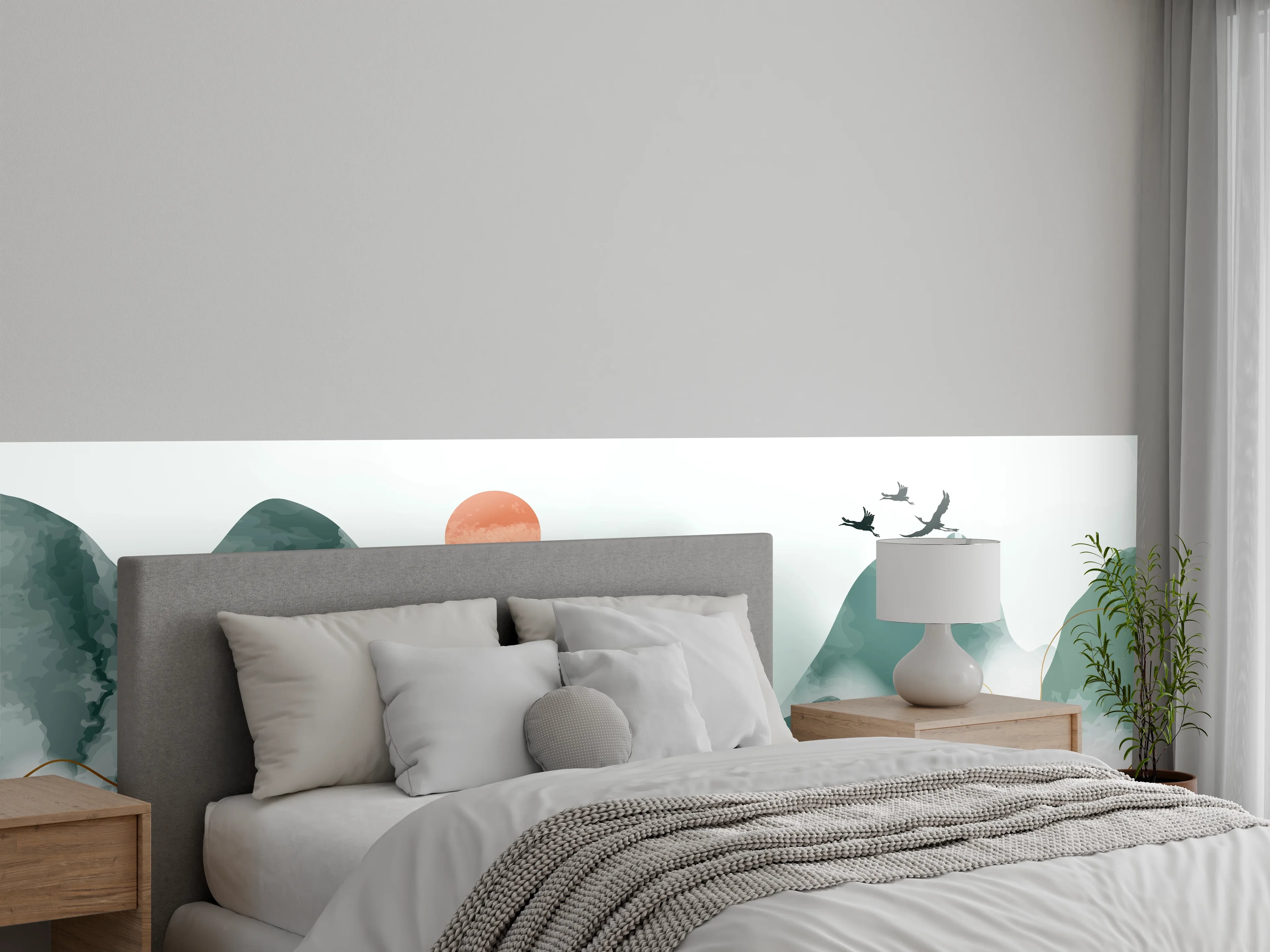 Wandverkleidung Schlafzimmer - Asiatische Aquarell-Berge & Kraniche