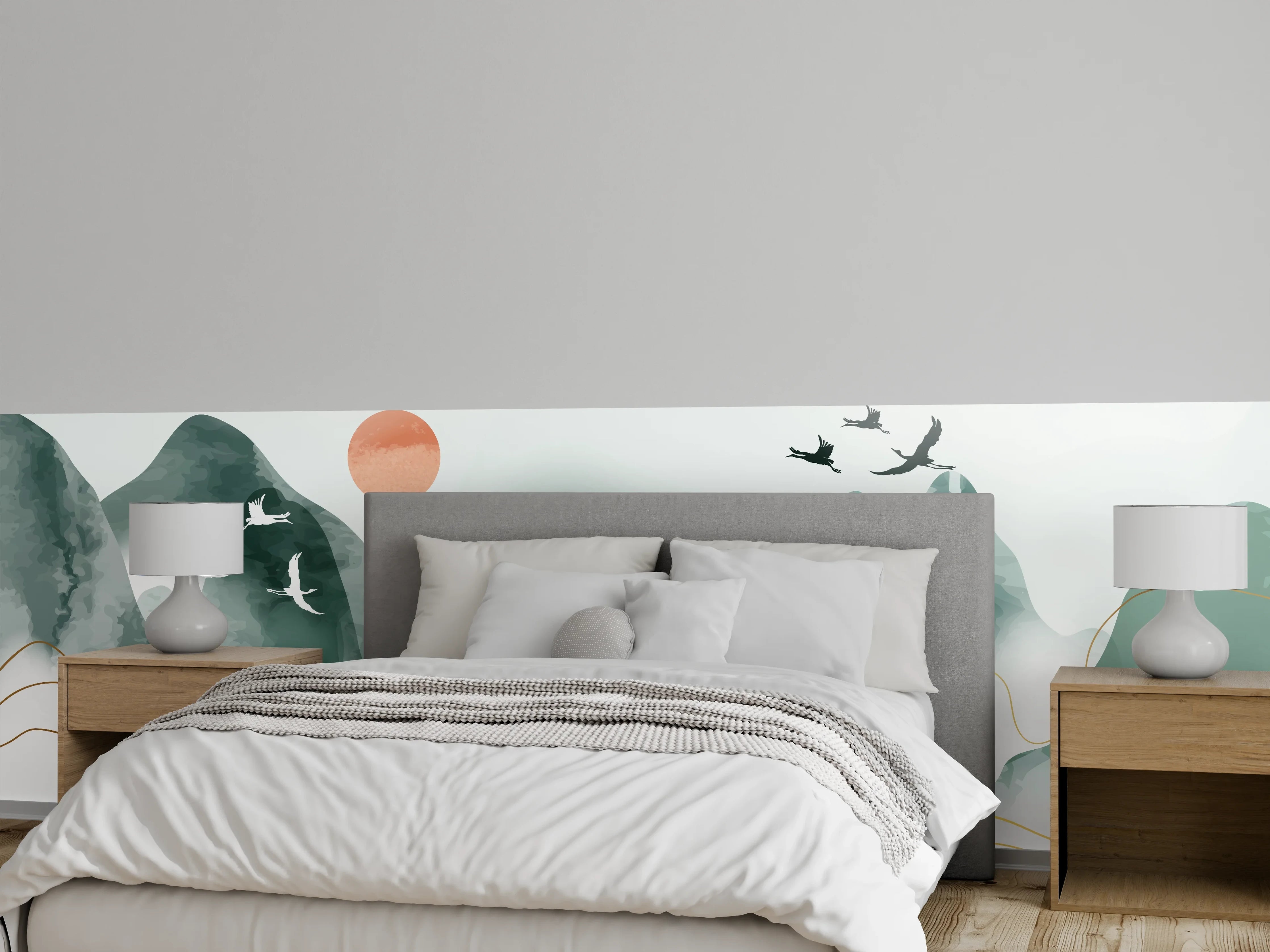 Wandverkleidung Schlafzimmer - Asiatische Aquarell-Berge & Kraniche
