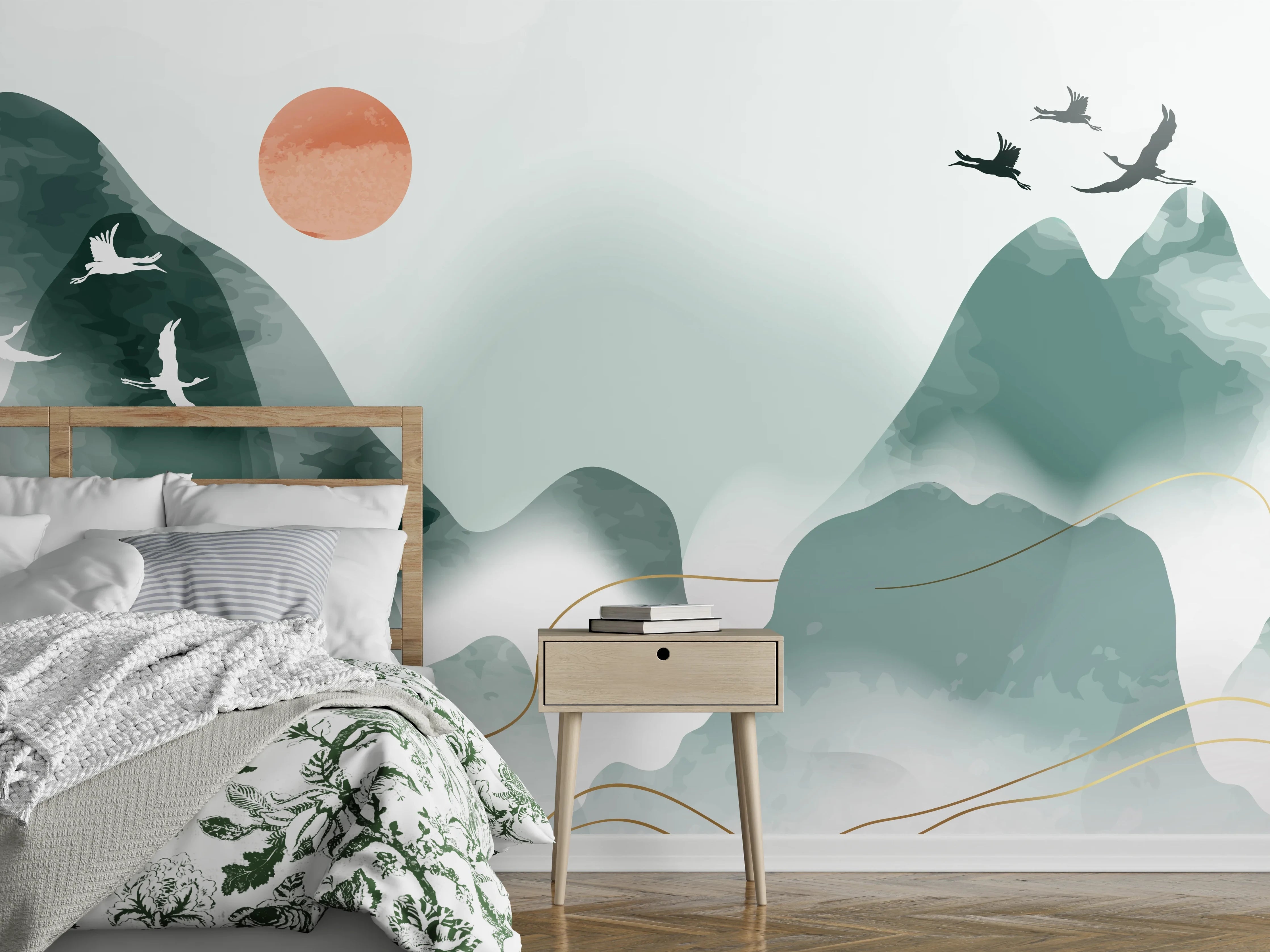 Wandverkleidung Schlafzimmer - Asiatische Aquarell-Berge & Kraniche
