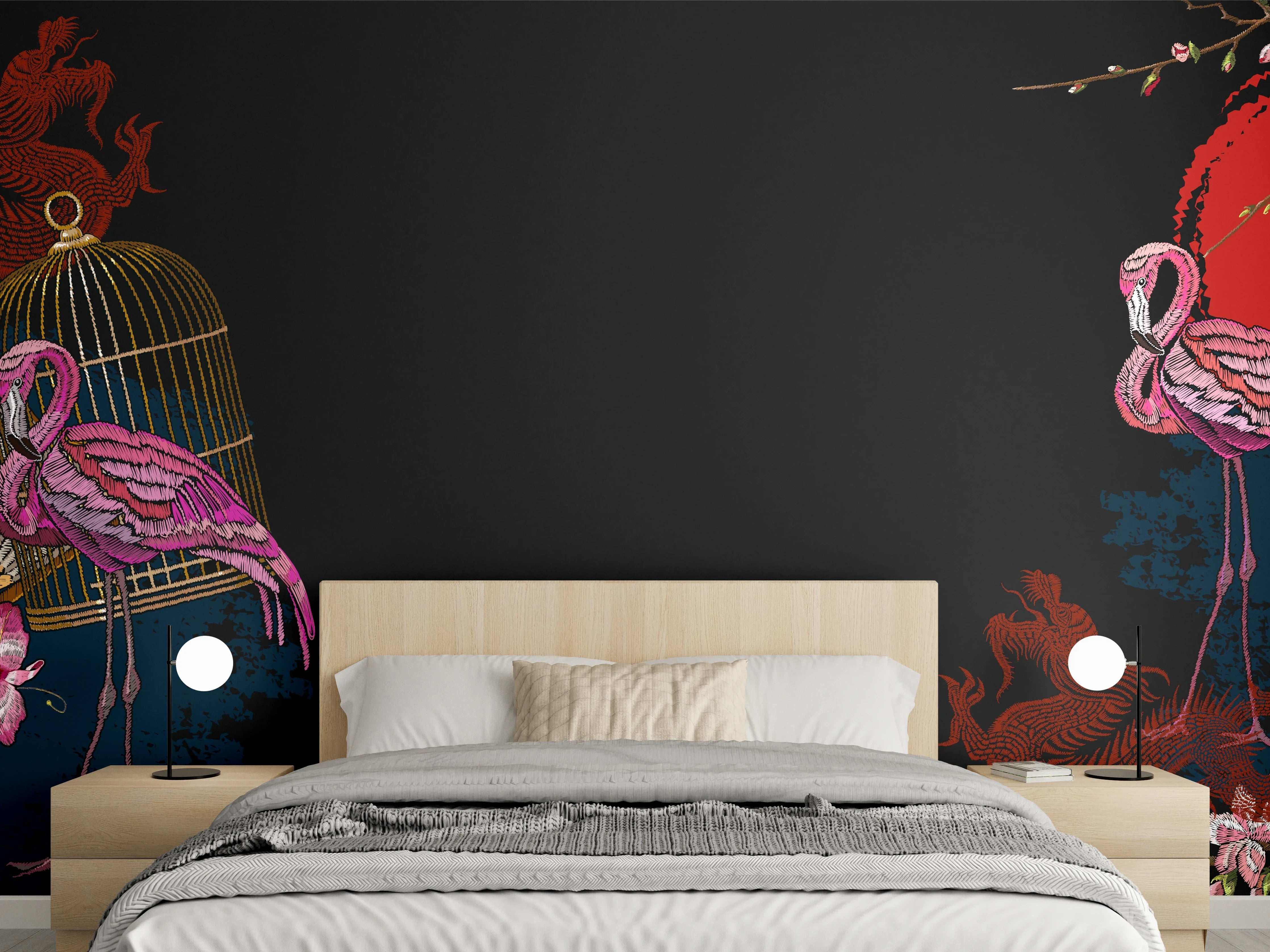 Wandverkleidung Schlafzimmer - Asiatischer Flamingo Drachenfächer