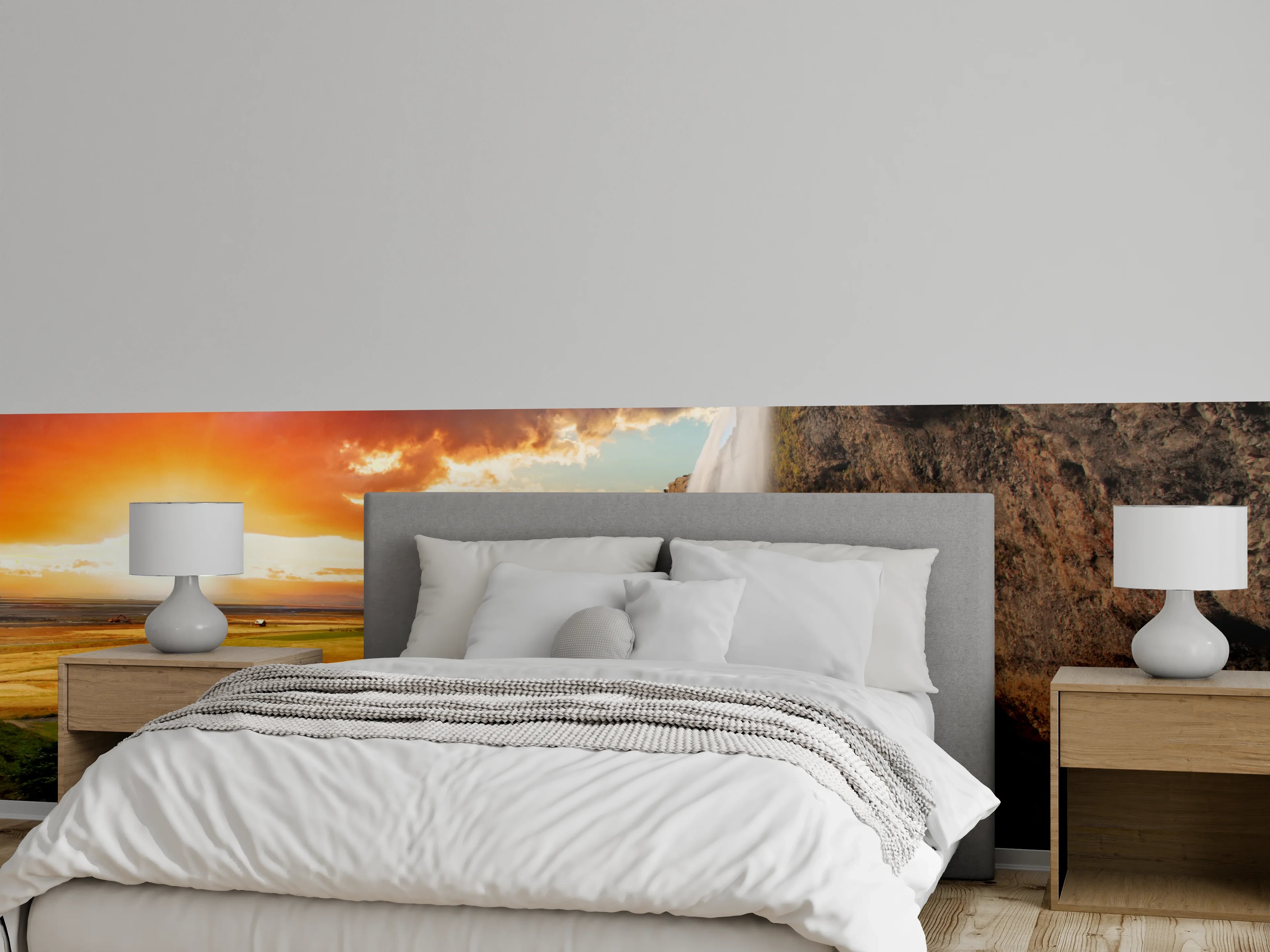 Wandverkleidung Schlafzimmer - Atemberaubender Sonnenuntergang am Wasserfall