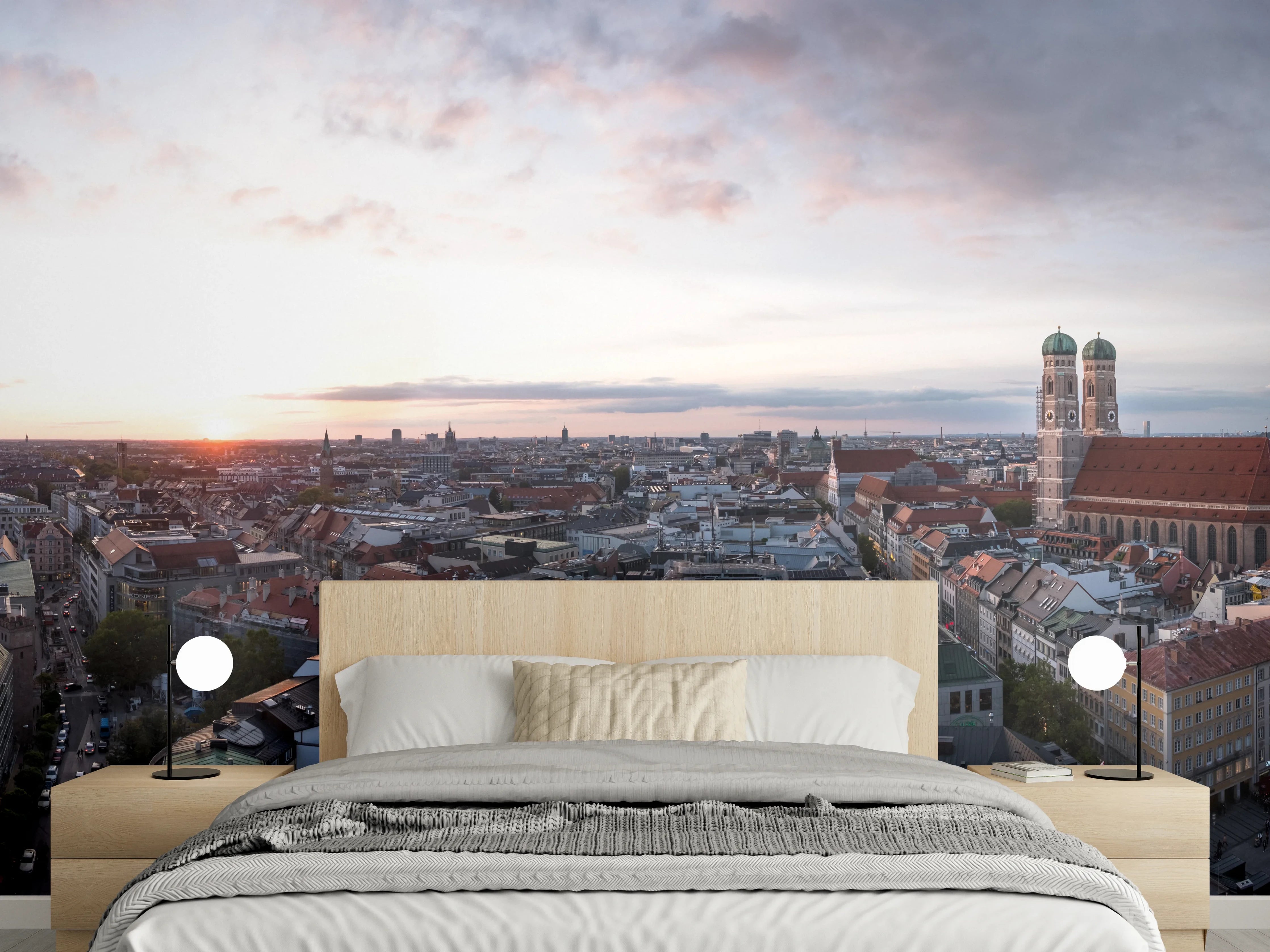Wandverkleidung Schlafzimmer - Aussicht über München mit Frauenkirche und Rathaus