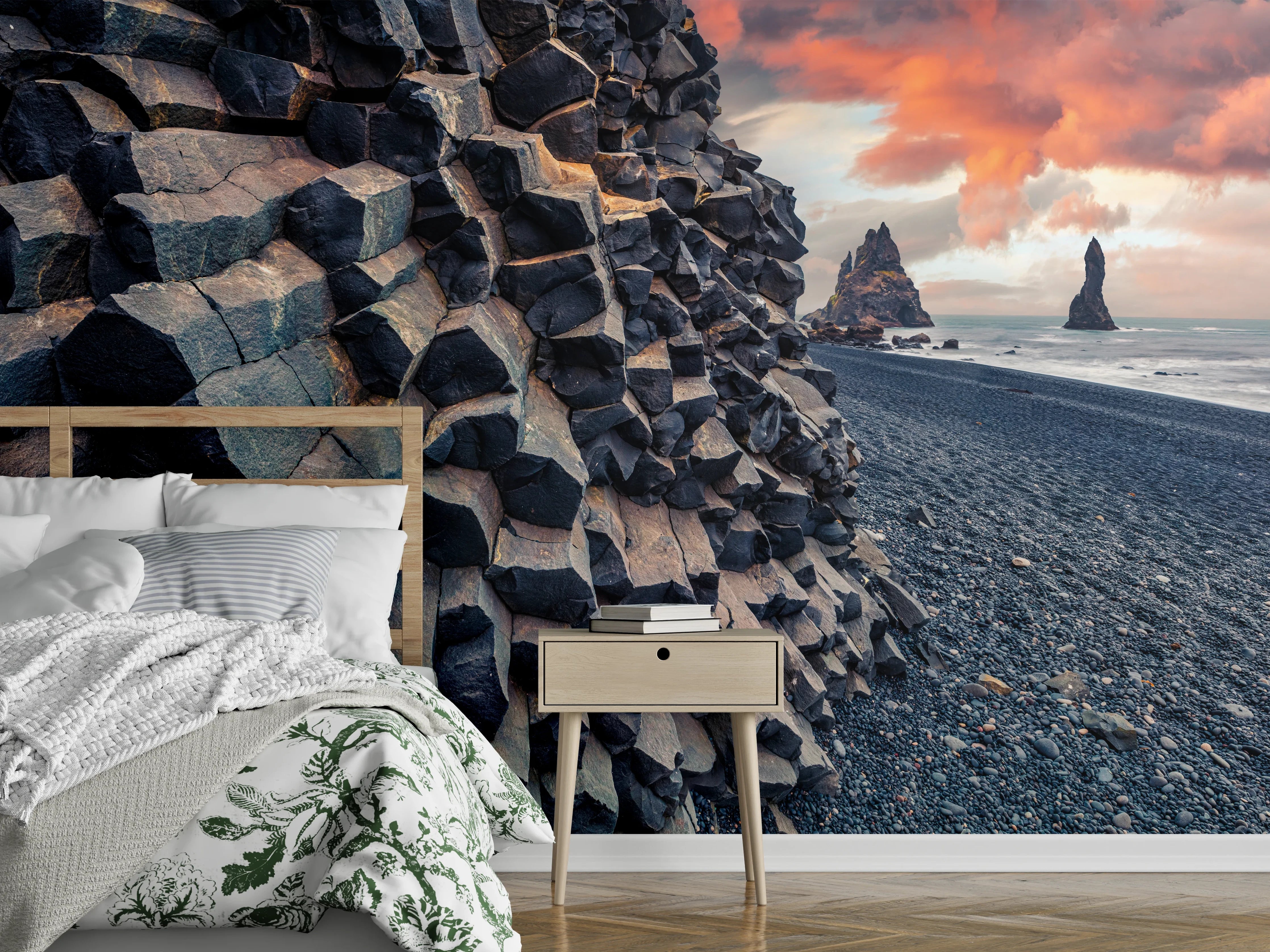 Wandverkleidung Schlafzimmer - Basaltsäulen am schwarzen Strand