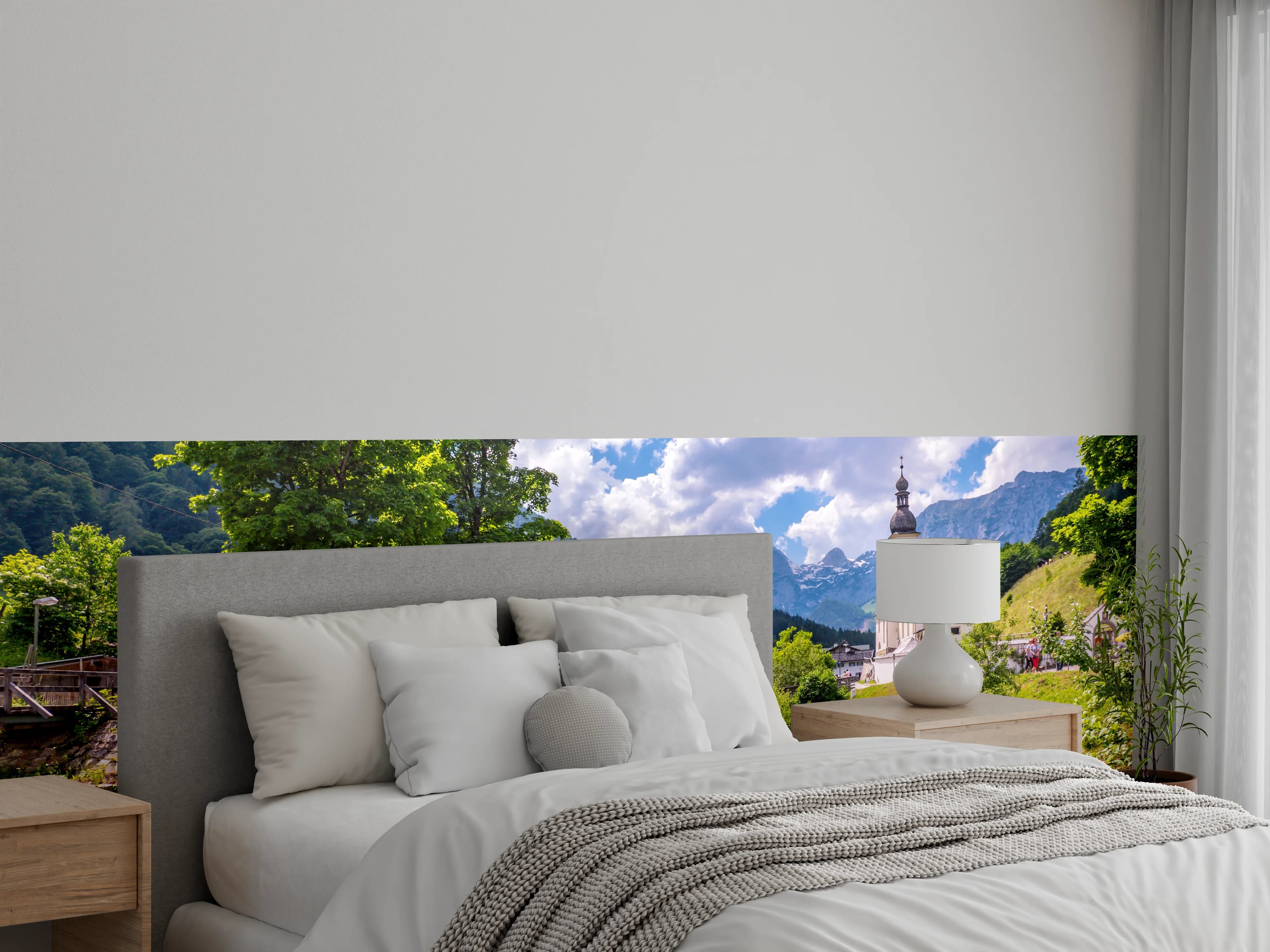 Wandverkleidung Schlafzimmer - Bayerische Alpenidylle mit Fluss und Kirche