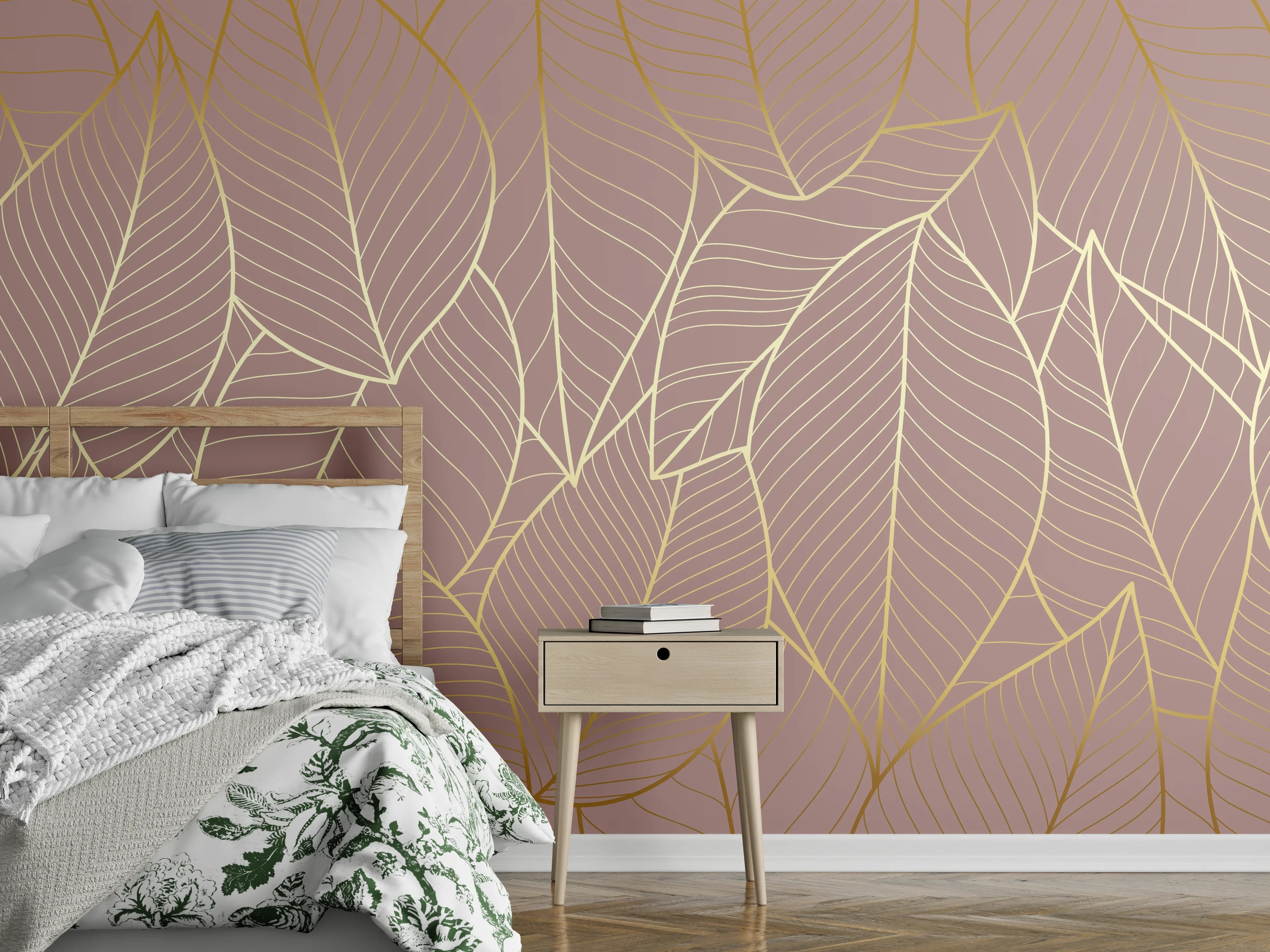 Wandverkleidung Schlafzimmer - Beige Blattgold Struktur