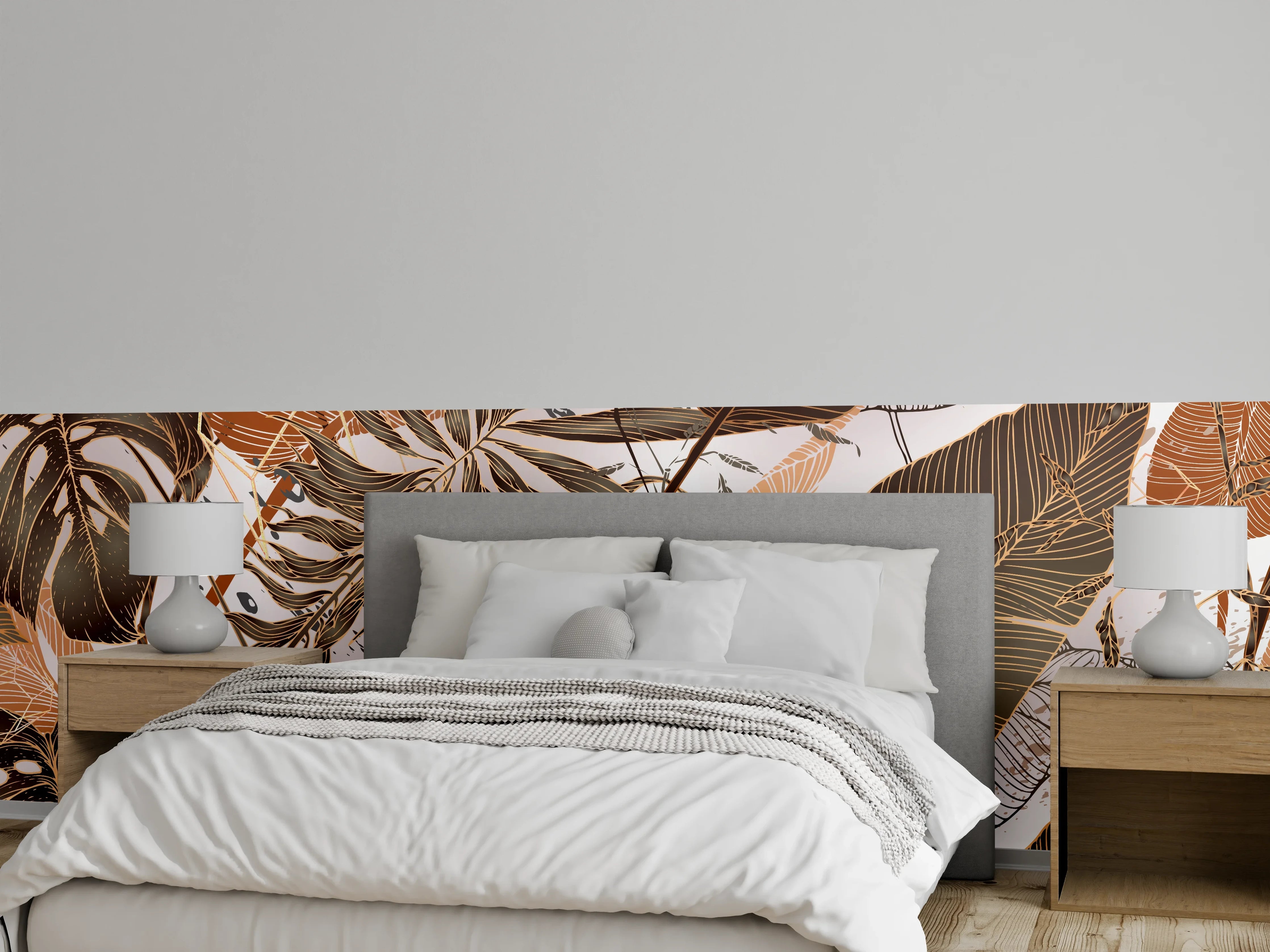 Wandverkleidung Schlafzimmer - Beige Blattmuster Tapete