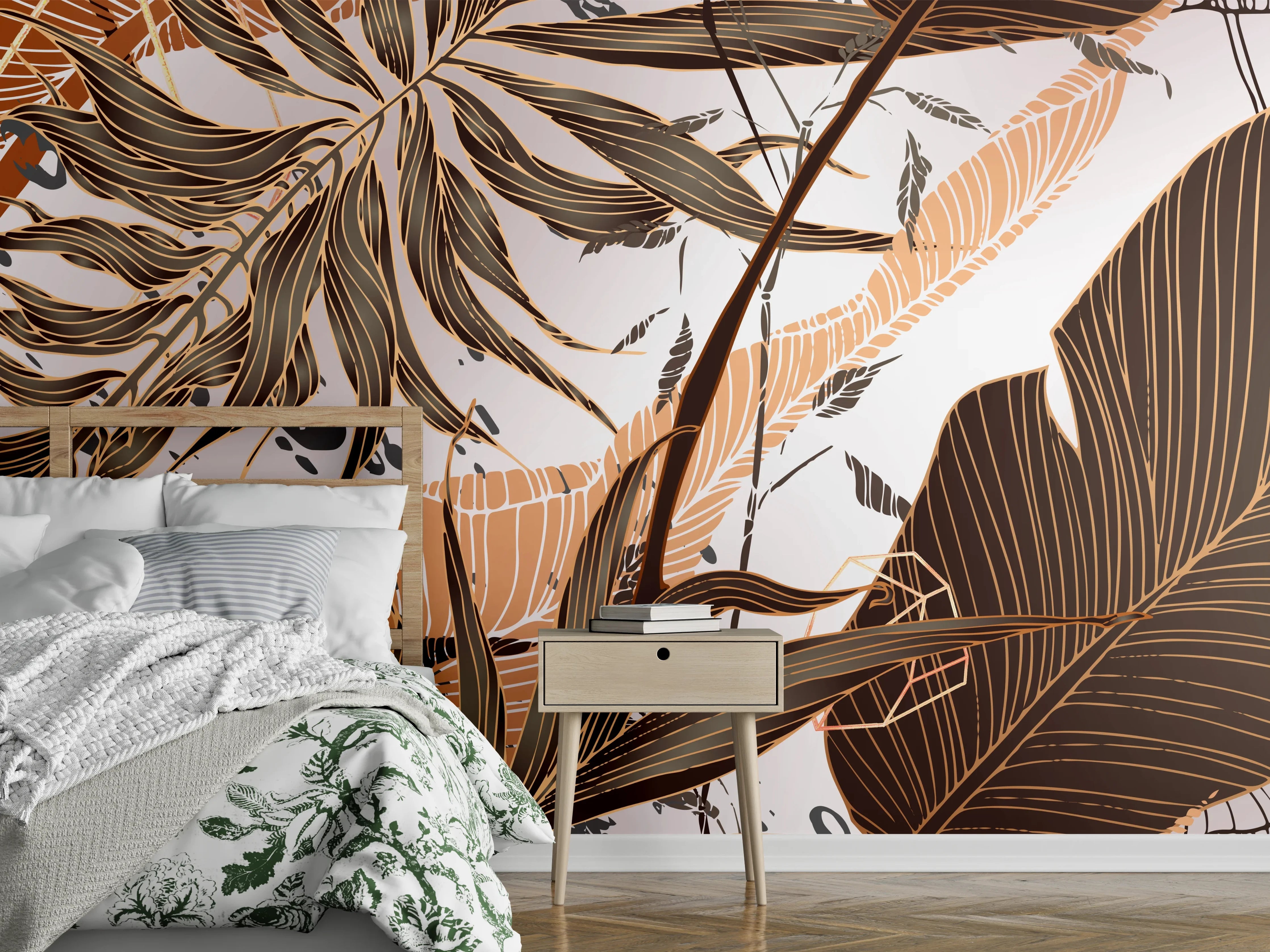 Wandverkleidung Schlafzimmer - Beige Blattmuster Tapete