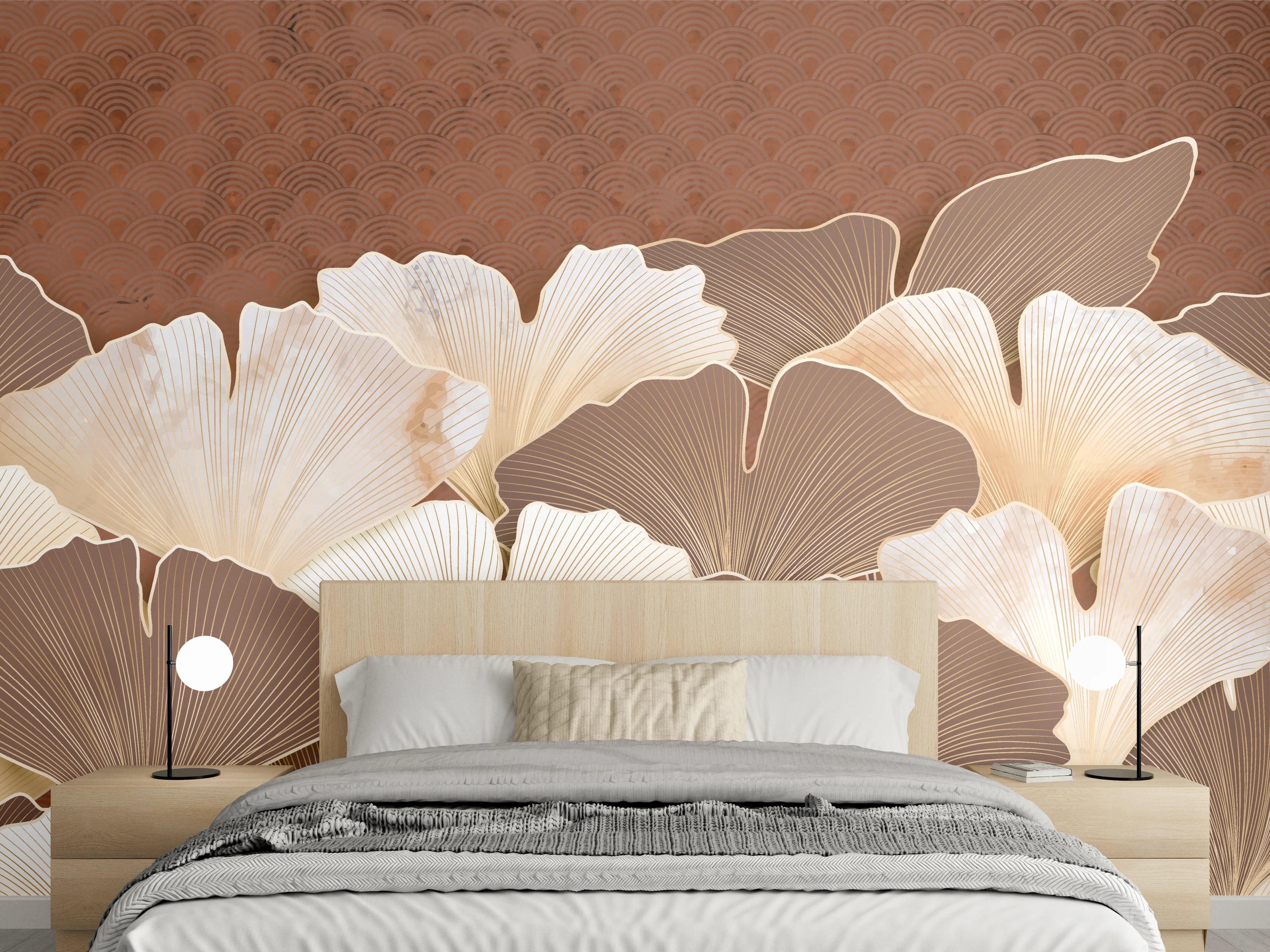 Wandverkleidung Schlafzimmer - Beige Ginkgo Blattmuster