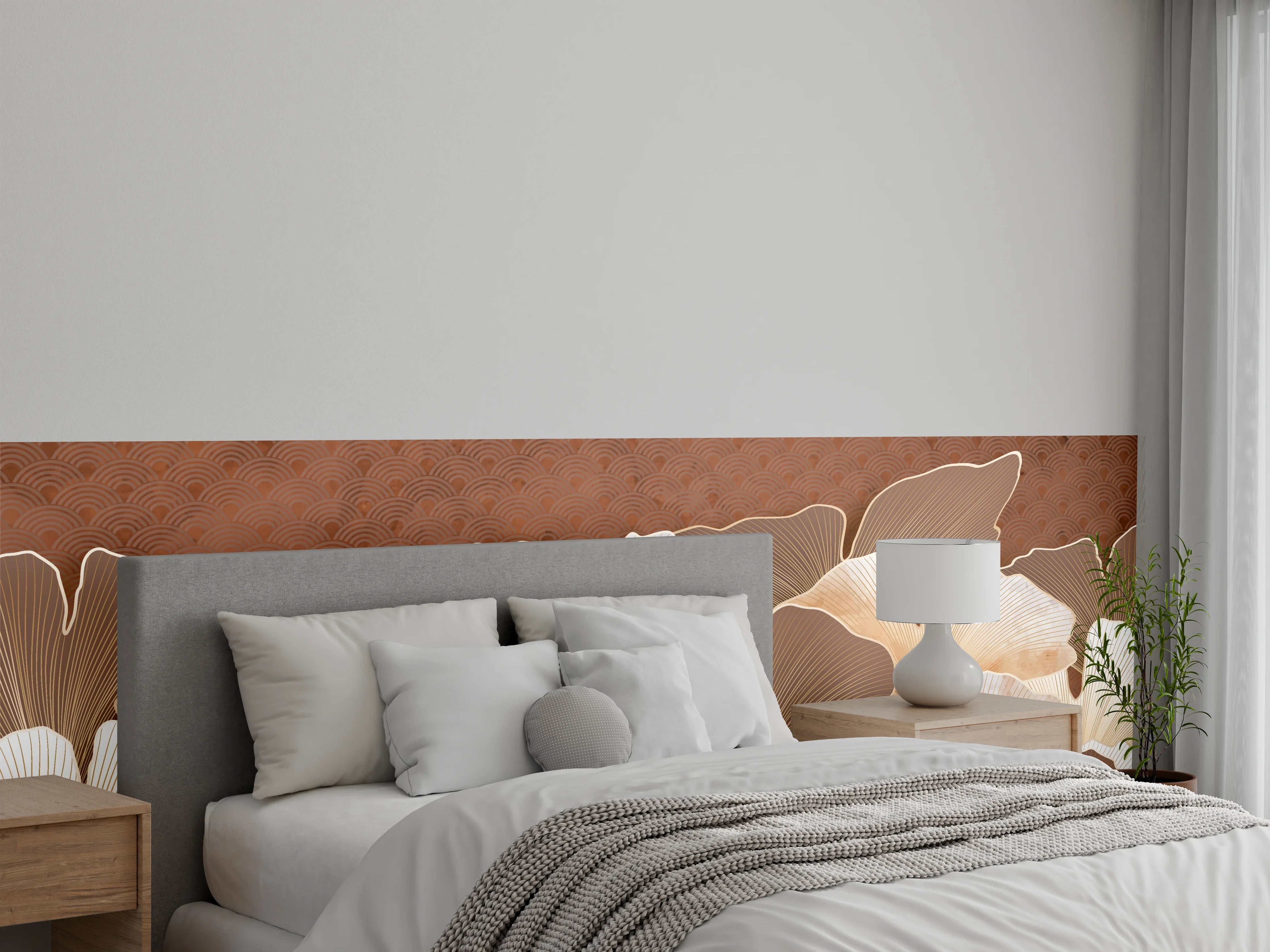 Wandverkleidung Schlafzimmer - Beige Ginkgo Blattmuster