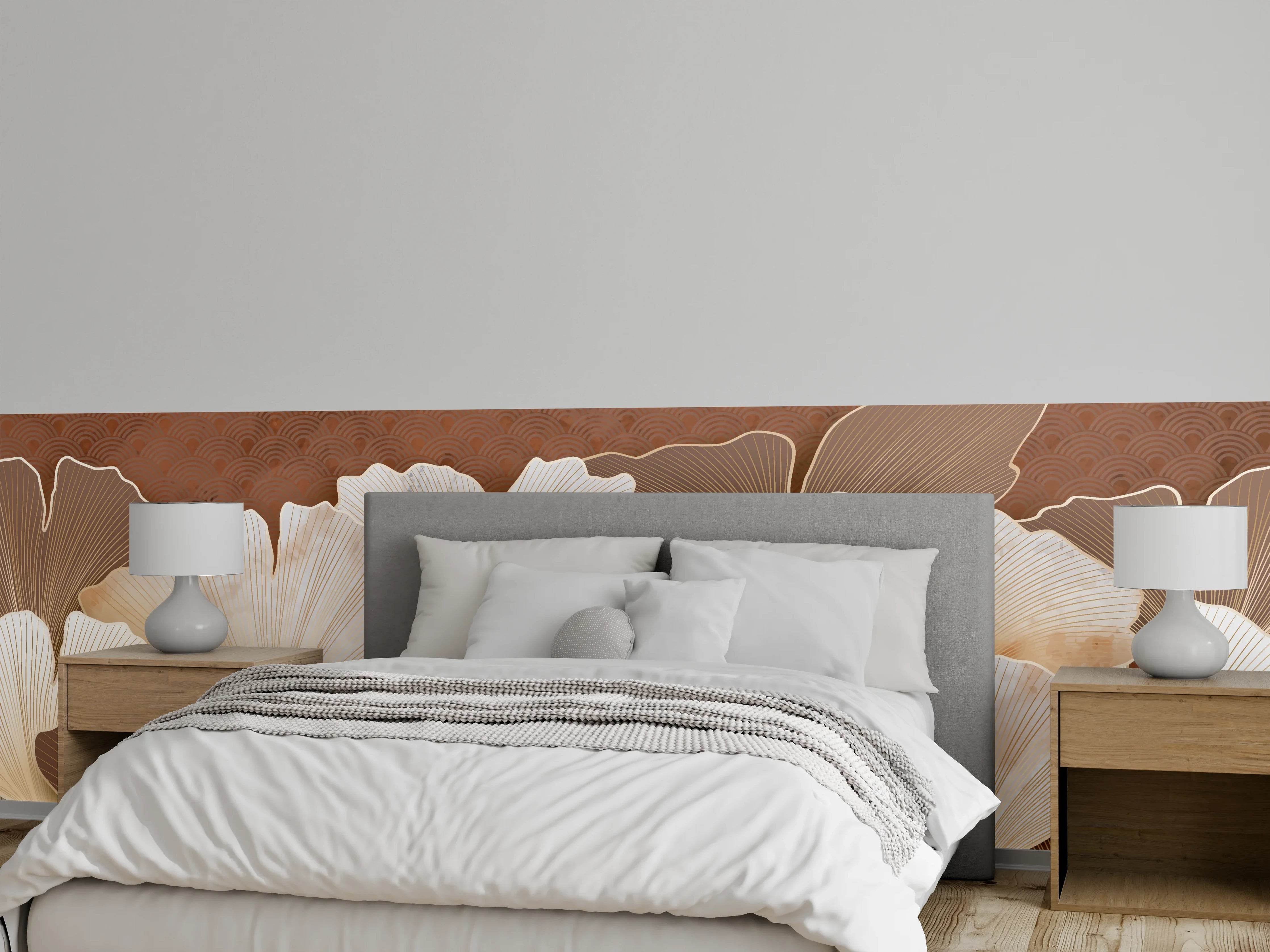 Wandverkleidung Schlafzimmer - Beige Ginkgo Blattmuster