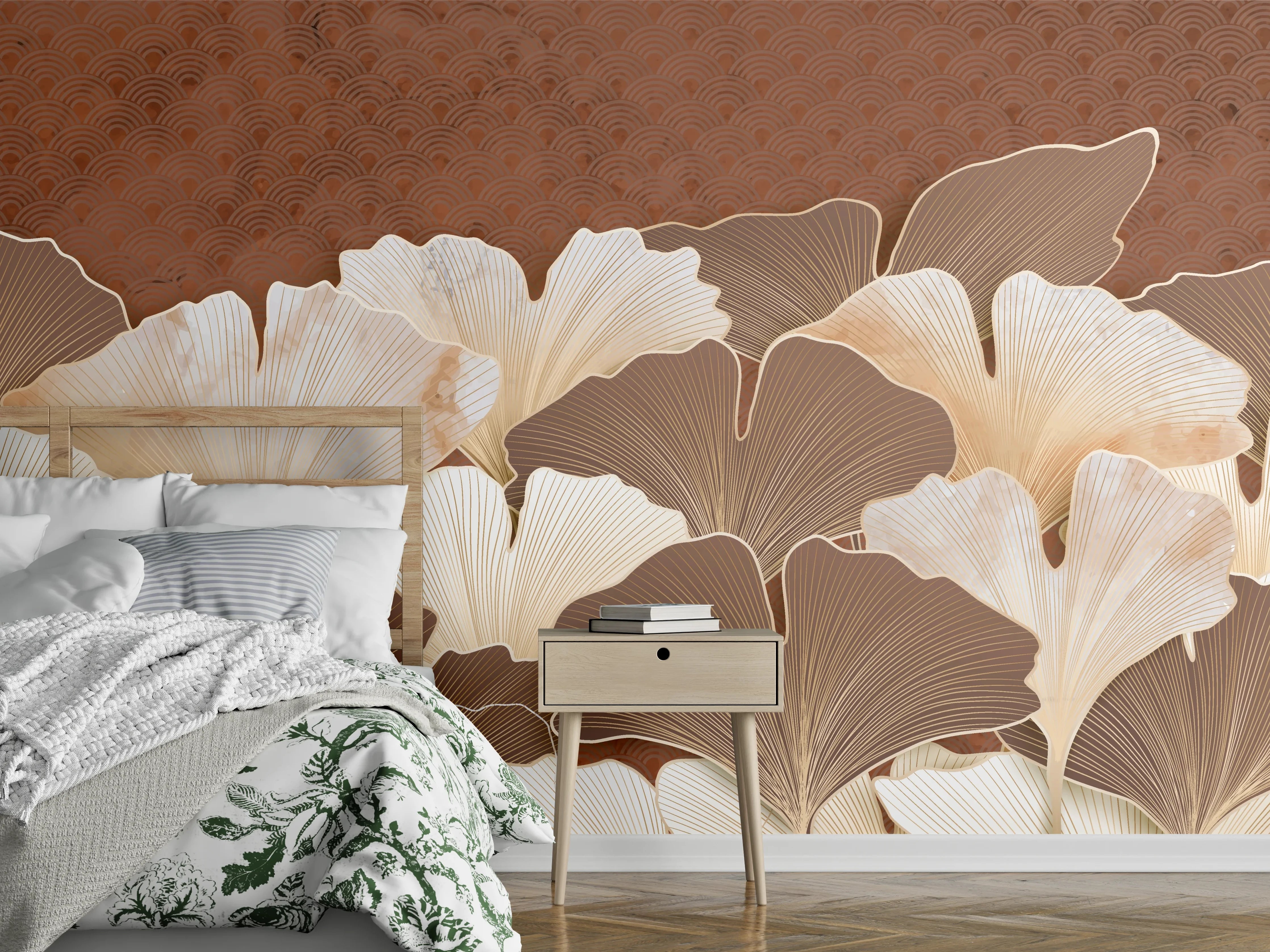 Wandverkleidung Schlafzimmer - Beige Ginkgo Blattmuster