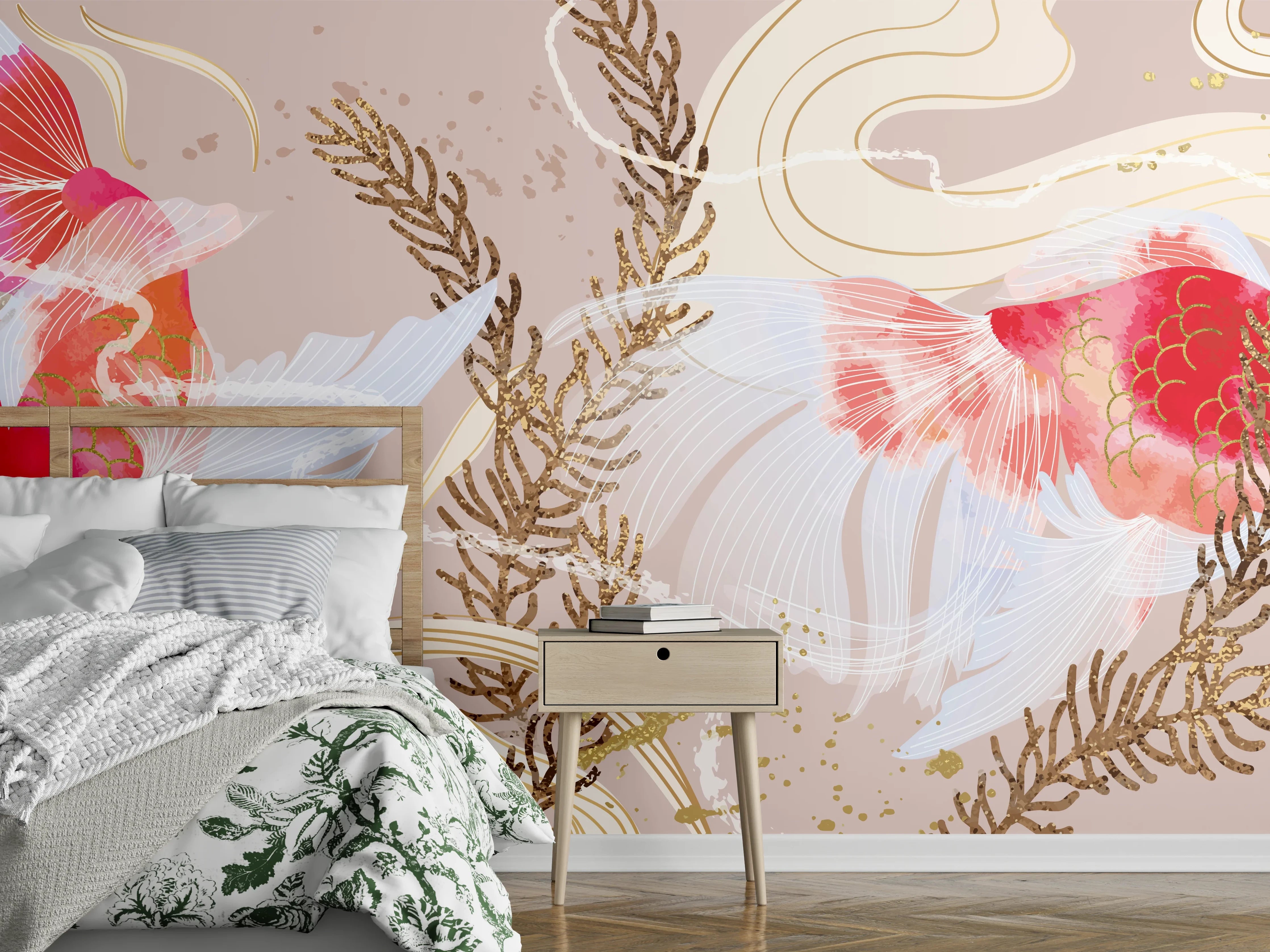 Wandverkleidung Schlafzimmer - Beige Koi-Kunstdruck