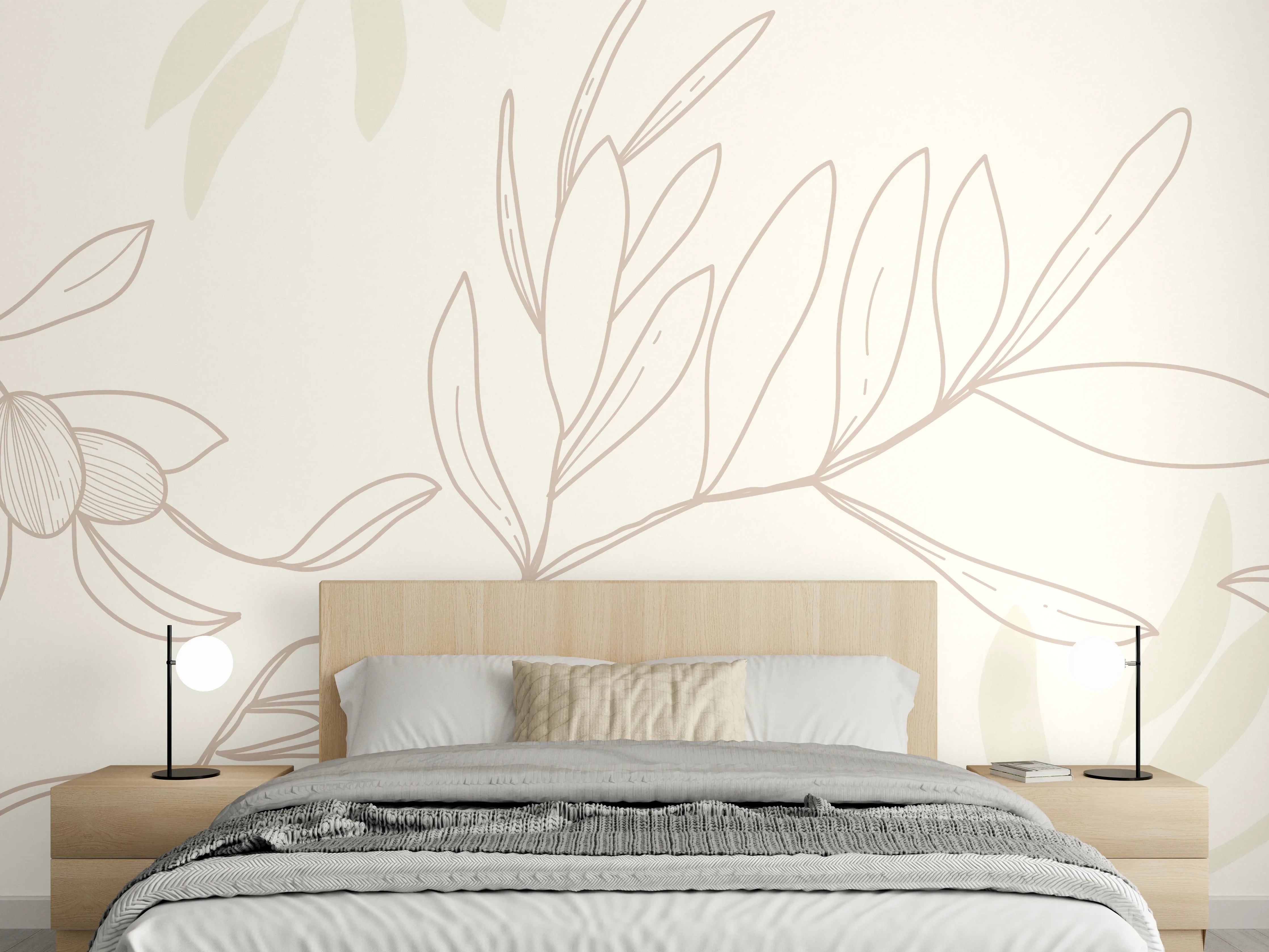 Wandverkleidung Schlafzimmer - Beige Pflanzenlinien Muster