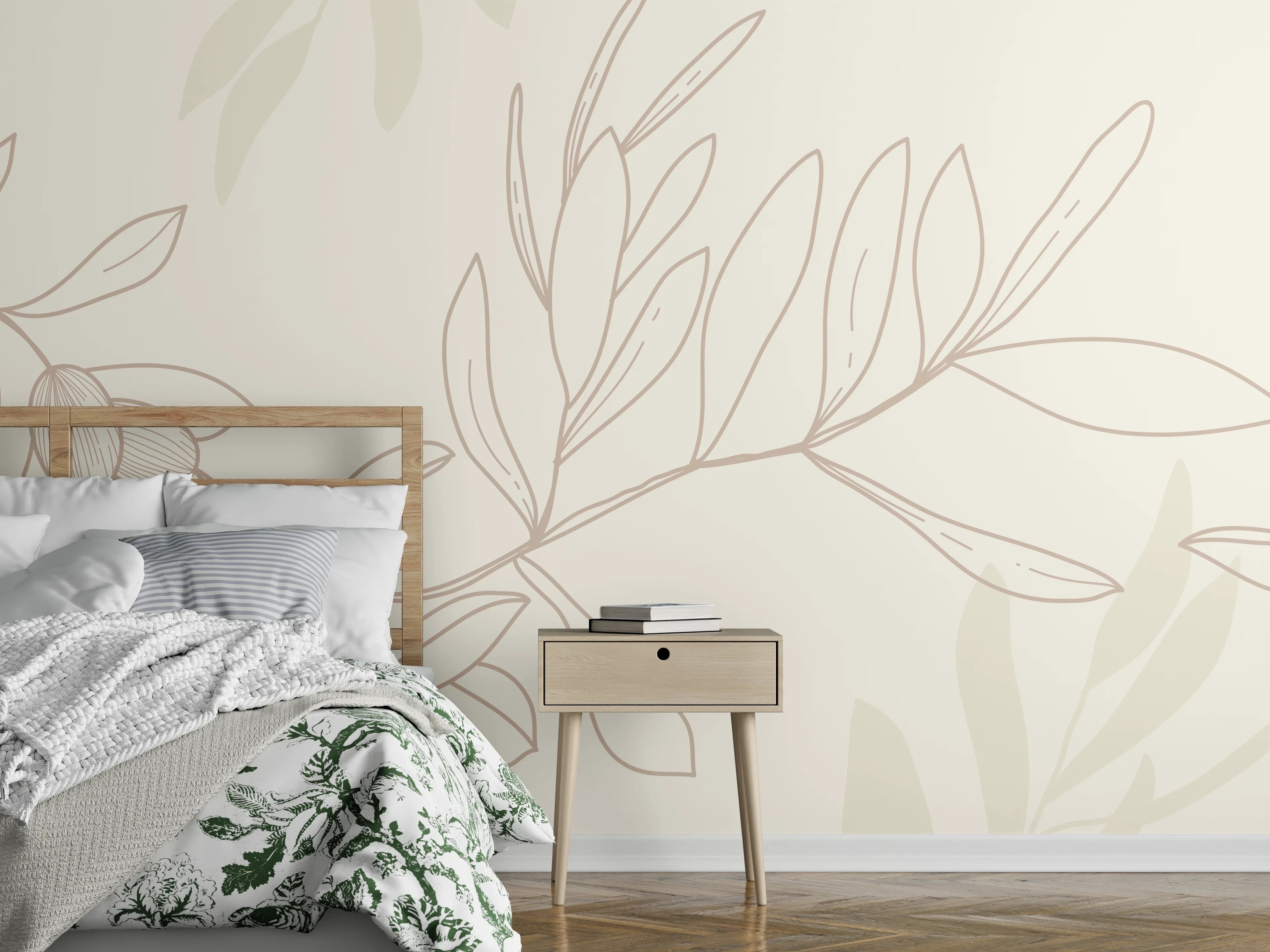 Wandverkleidung Schlafzimmer - Beige Pflanzenlinien Muster