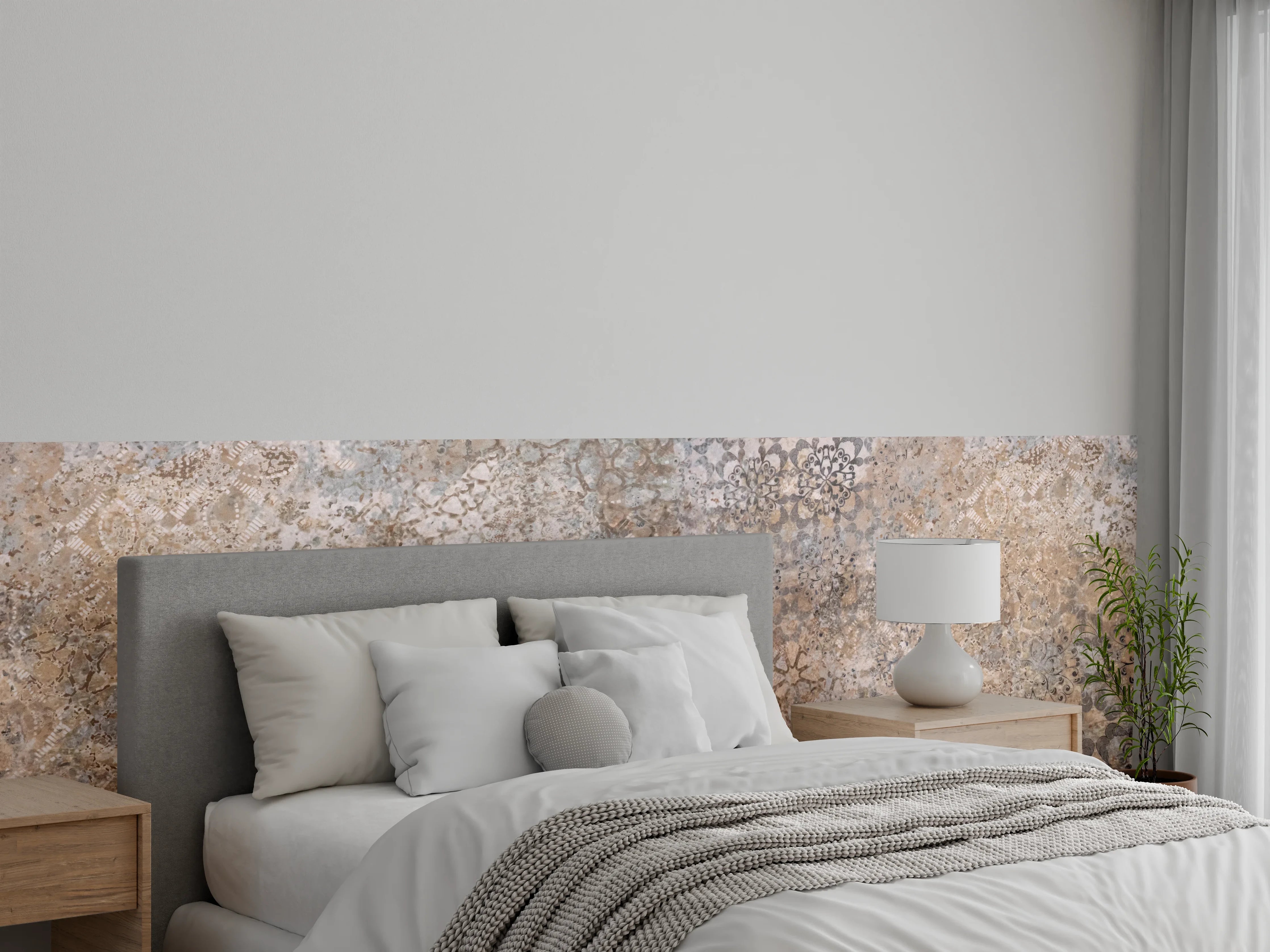 Wandverkleidung Schlafzimmer - Beige Vintage Blumenmuster im Tapeten-Stil