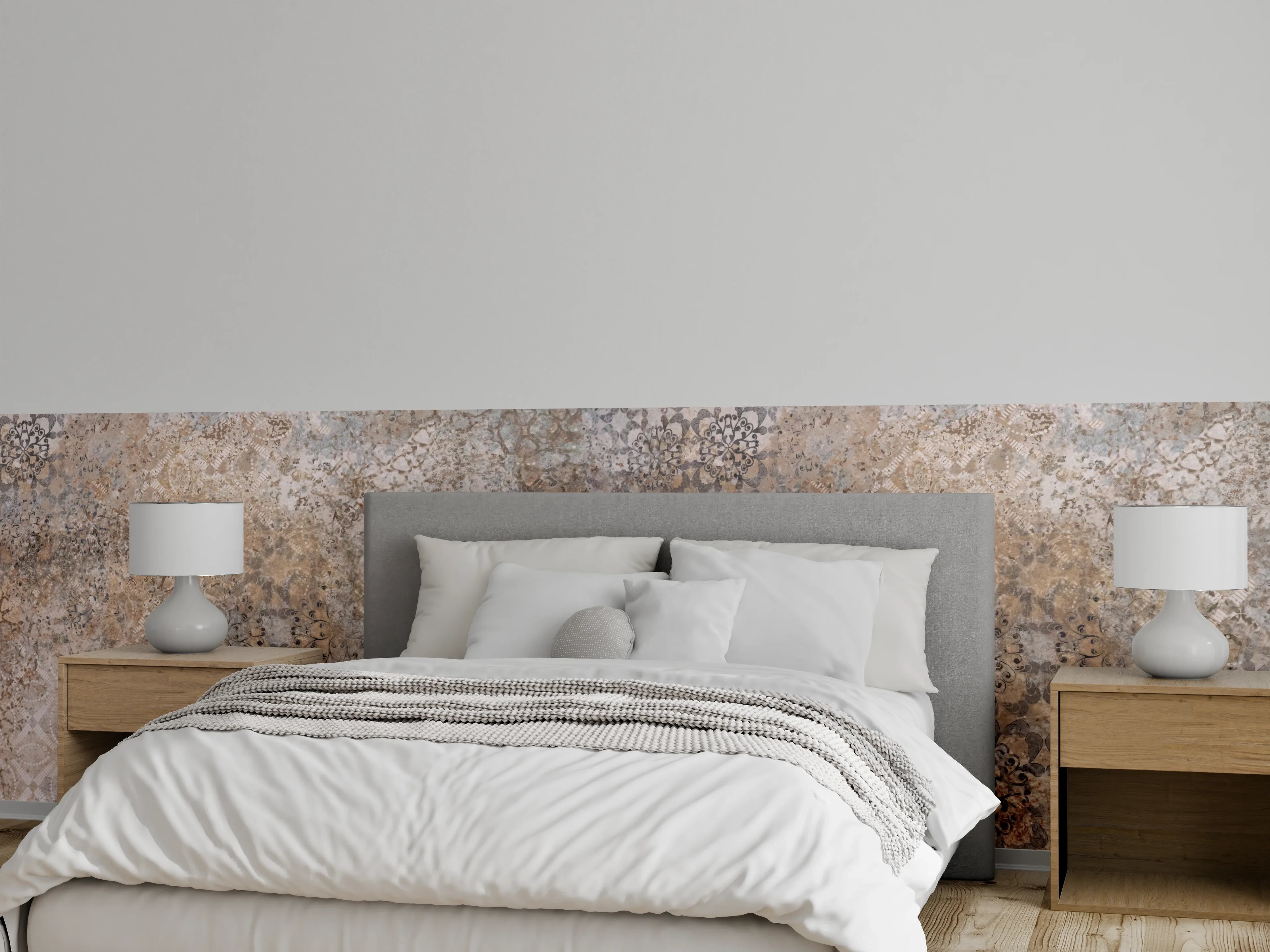 Wandverkleidung Schlafzimmer - Beige Vintage Blumenmuster im Tapeten-Stil